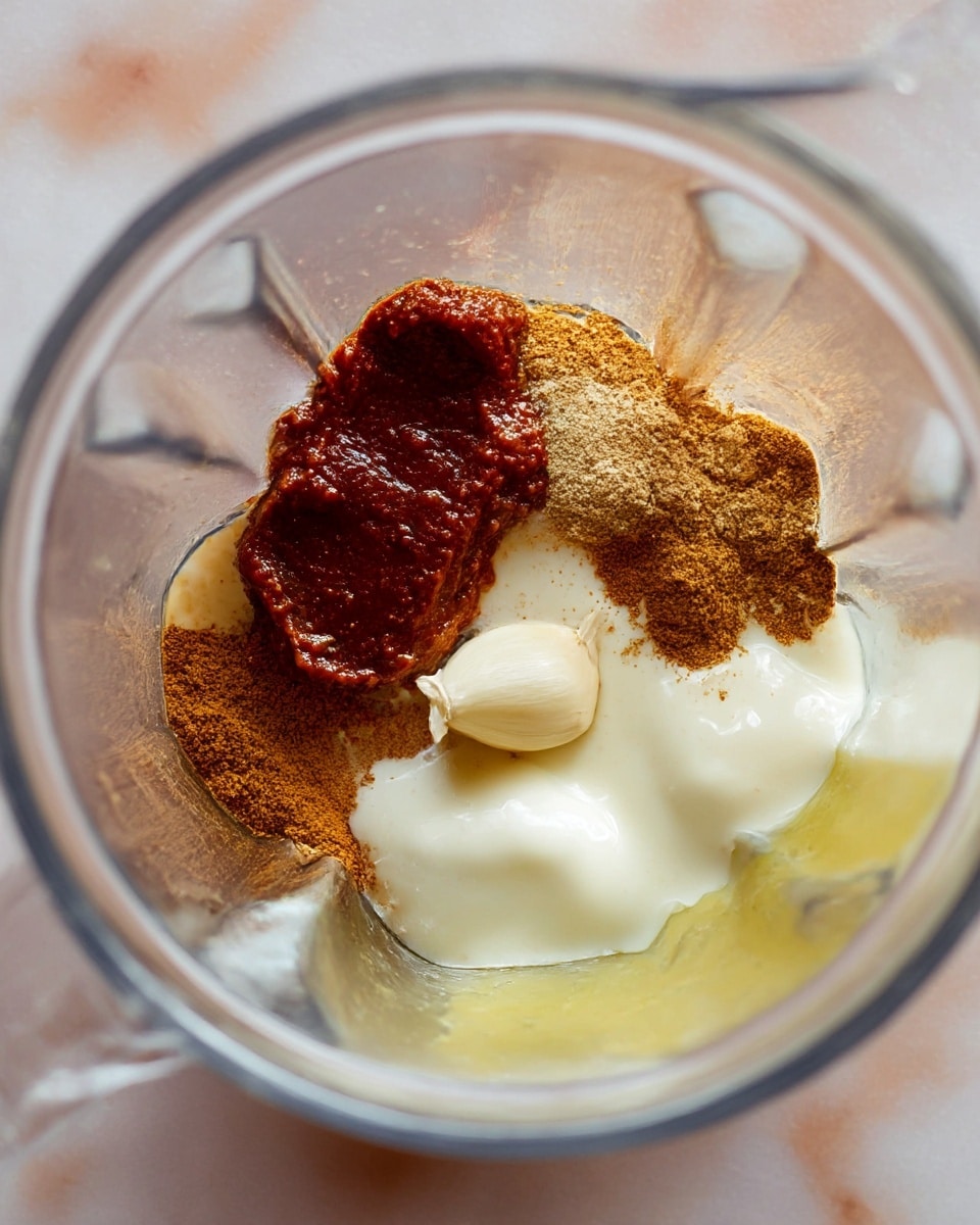 Inside a clear blender jar, there are several ingredients not yet mixed: a dollop of thick dark reddish-brown paste on the top left, surrounded by light brown and golden brown powdered spices scattered around in the middle; a small whole peeled white garlic clove resting on a pool of smooth white creamy sauce on the right side; and a translucent light yellow liquid pooling at the bottom, all sitting on a white marbled surface. The textures vary from smooth and creamy to coarse and powdery, creating a contrast inside the blender jar photo taken with an iphone --ar 4:5 --v 7