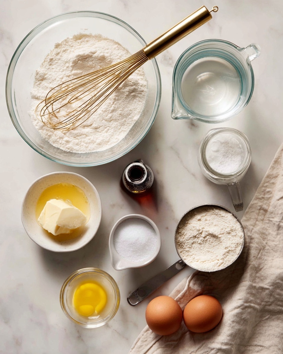 A white marbled surface holds several ingredients for baking arranged neatly. A large clear glass bowl with a gold whisk inside is at the top left. To its right, a clear measuring cup with water filled halfway. Below the measuring cup is a small clear jar with white liquid. At the bottom left is a small clear bowl with melted yellow butter, mid-left a small brown bottle with vanilla extract. A metal measuring cup filled with white flour is next to the butter. A small white bowl with white salt is at the bottom, and two brown eggs rest on a beige cloth at the bottom right. A small clear bowl with light brown yeast sits near the eggs. The layout is simple and clean with soft natural light photo taken with an iphone --ar 4:5 --v 7