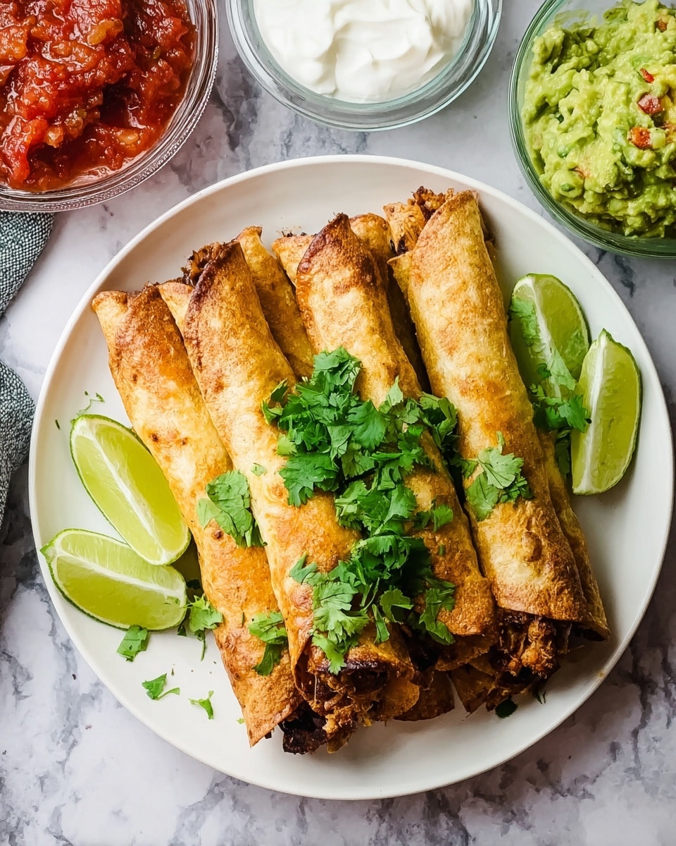 A white plate holds six rolled tacos stacked in two layers, their tortillas golden brown with crispy edges and a textured filling visible at the ends, topped with fresh green cilantro leaves scattered across. To the right of the tacos are six lime wedges arranged vertically on the plate. The plate rests on a white marbled surface. Surrounding the plate are three clear glass bowls: the top bowl contains red chunky salsa, the right bowl holds white creamy sour cream, and the upper right bowl has green mashed guacamole with bits of red pepper visible. Photo taken with an iphone --ar 4:5 --v 7