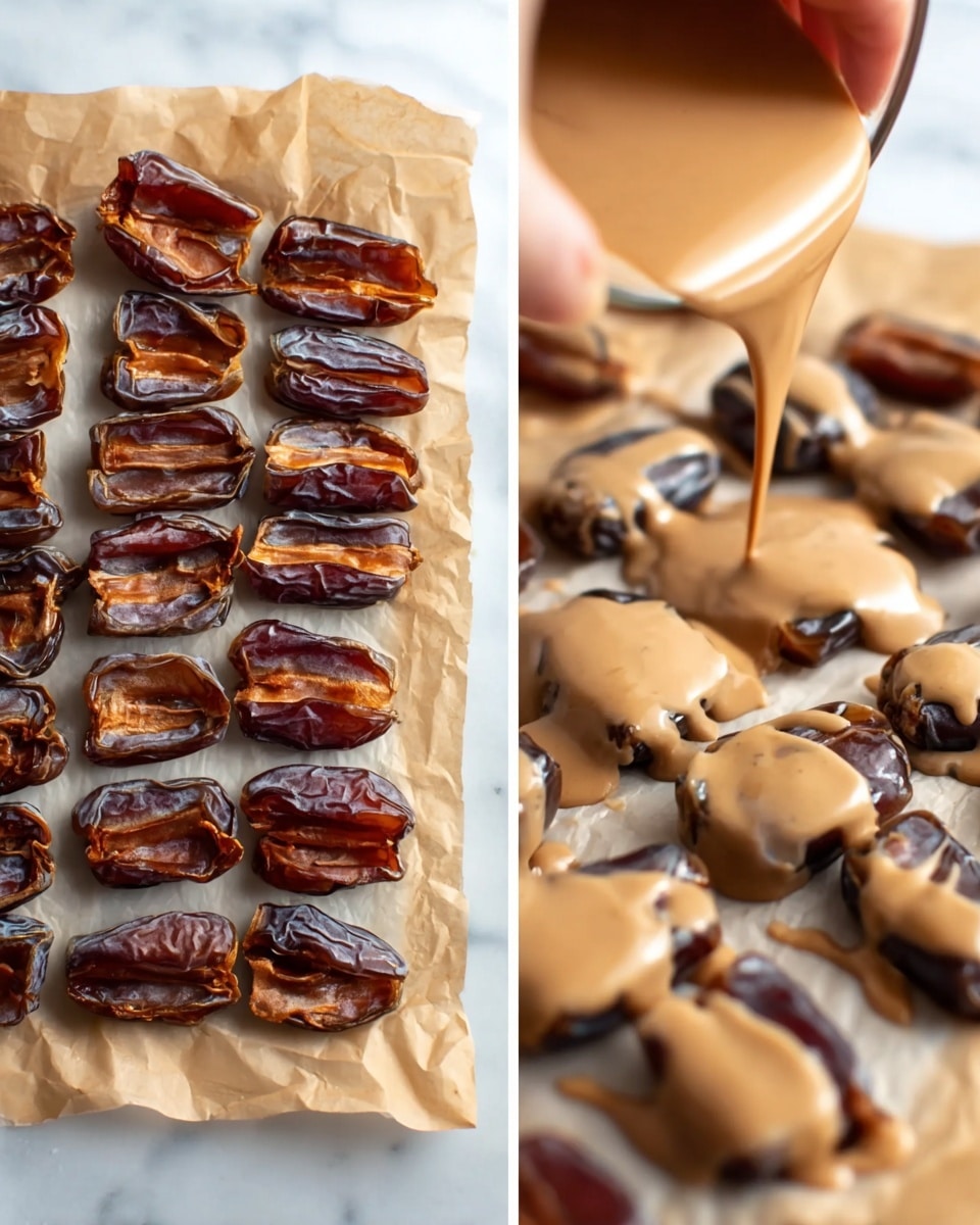 The image shows two close-up views side by side. On the left side, there is a layer of halved dates arranged neatly in rows on a crumpled sheet of parchment paper, placed over a white marbled surface. The dates are glossy with a dark brown outer skin and a lighter, beige interior. On the right side, a woman's hand is pouring a smooth, light brown sauce over the same dates, covering them partially with a creamy texture that drips between the gaps of the dates. The overall color contrast between the dark dates and the light brown sauce is clear, with the parchment paper and white marbled surface as the background. Photo taken with an iphone --ar 4:5 --v 7
