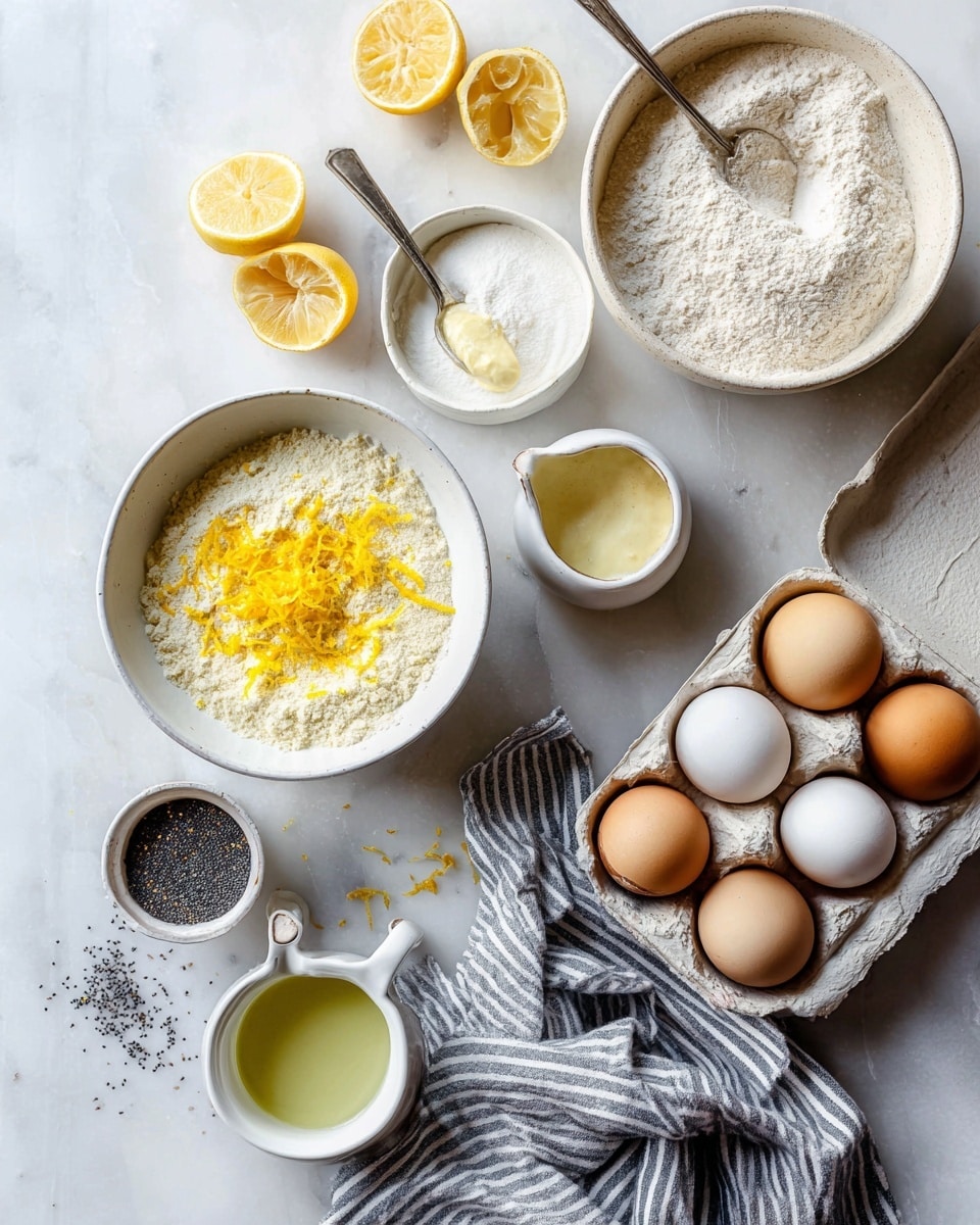 The image shows a collection of baking ingredients neatly arranged on a white marbled surface. There is a white bowl filled with a mix of yellow and white powder, topped with bright yellow lemon zest, in the upper center. To the left, a larger white bowl contains light beige flour and white powder, with a spoon resting inside it. Near these bowls, there is a small white dish with a spoon holding a creamy white substance. Above, some lemon halves and halves with juice squeezed out are placed beside a small white jug containing a light yellow liquid. A smaller white jug with a yellow-green liquid is below, next to a tiny dish filled with black poppy seeds, some spilled around the area. To the right, an open carton holds nine eggs of different colors ranging from white to light brown. A striped gray and white cloth lies partially underneath the bowls and egg carton. The overall scene is calm and organized, showing all elements clearly for baking preparation, photo taken with an iphone --ar 4:5 --v 7