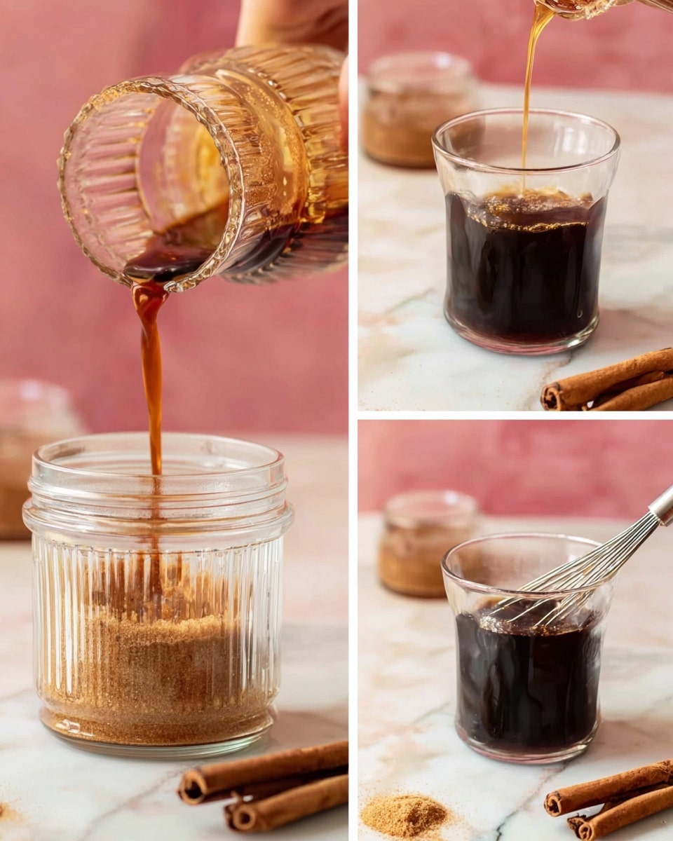 The image shows three steps of making a drink in a clear glass jar placed on a white marbled surface. In the first part, a golden liquid is poured from a small ribbed glass into the jar filled with light brown sugar at the bottom. The middle part shows a dark coffee-like liquid being poured from a small jug into the jar, now mixing with the sugar. The last part shows a close-up of the jar with a whisk mixing the dark liquid inside, with a few cinnamon sticks beside the jar and a small pile of sugar on the side. The background is soft pink and white, giving a warm and cozy feel. photo taken with an iphone --ar 4:5 --v 7