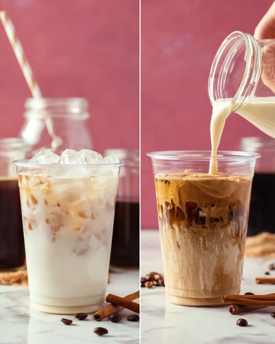 The image shows two clear plastic cups on a white marbled surface with a pink wall background. The left cup is filled with ice and milk is being poured into it from a clear glass jar, creating a creamy white layer with some ice cubes visible. Behind it are blurred jars with coffee and dark syrup. The right cup already has a base layer of milk and ice with frothy, light brown whipped coffee being poured from a clear jar on top, mixing slightly with the milk below, while some coffee drips run down the sides. Both cups sit near cinnamon sticks and coffee beans scattered on the white marble. A woman's hand holds the jars for pouring. photo taken with an iphone --ar 4:5 --v 7