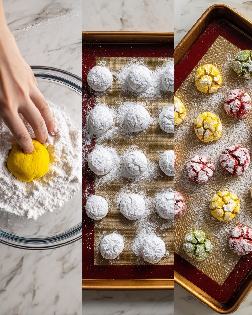 The image shows three stages of making colorful crinkle cookies. On the left, a woman's hand is pressing a bright yellow dough ball into a pile of white powdered sugar inside a clear glass bowl, with a white marbled surface below. In the middle, the baking tray has round cookie dough balls covered in a thick layer of powdered sugar, spaced evenly on a brown silicone mat with a dark tray border. On the right, the baked cookies are cracked and powdered, with colors of red, yellow, and green visible beneath the powdered sugar, all placed on a similar baking tray and brown silicone mat, set on a white marbled background. Photo taken with an iphone --ar 4:5 --v 7