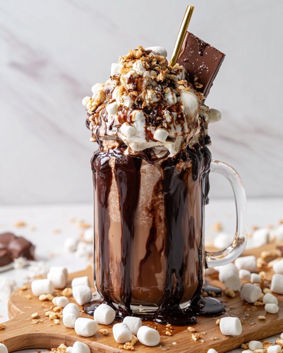 A close-up image shows smooth, light brown chocolate liquid being poured from a clear glass jug into a small, dark brown ceramic jar with a glossy finish. The jar's rim has thick, rich chocolate coating inside. The jar is placed on a woven basket, with a few small dark coffee beans scattered around. The scene sits on a white marbled surface with soft, natural lighting. photo taken with an iphone --ar 4:5 --v 7