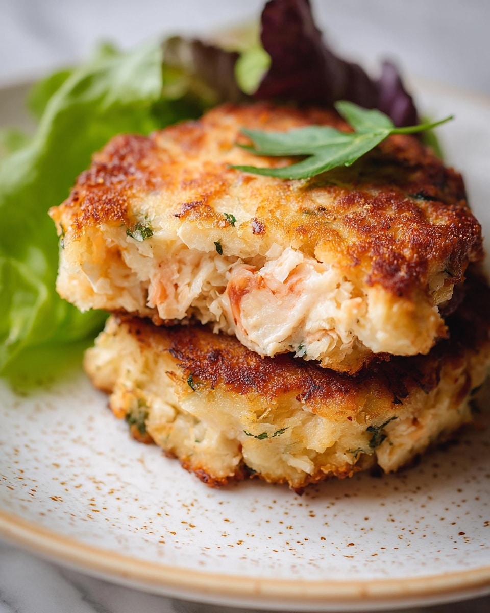 Two thick, golden-brown patties stacked on top of each other sit on a white plate with a speckled pattern on a white marbled surface. The patties show a crispy, browned outside texture with visible bits of salmon pink fish pieces and green herbs mixed in a creamy, light interior. A fresh, crisp green leaf sits partly on the top patty, adding a bright contrast to the warm tones of the fish cakes. Photo taken with an iphone --ar 4:5 --v 7