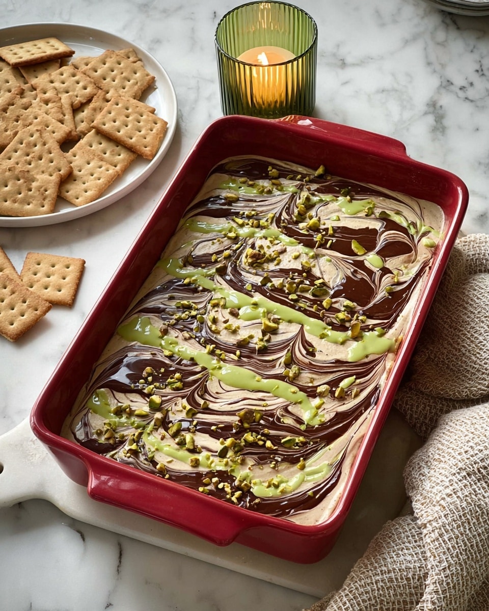 The image shows three stages of a dish in a rectangular white baking dish with red handles, placed on a white marbled surface. The first layer is a rough-textured, greenish layer evenly spread. The second layer on top is smooth, creamy, and white with gentle wave-like patterns. The third layer is a light brown, smooth layer that covers the surface evenly with slight texture from spreading. In the background, there is a lit candle in a green container and two white marble containers. photo taken with an iphone --ar 4:5 --v 7
