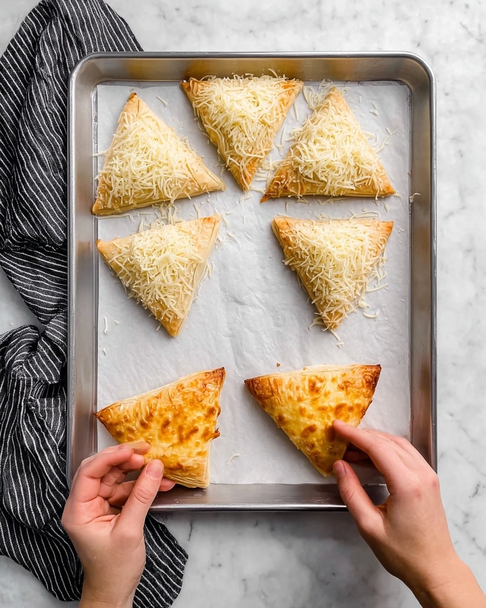 A metal baking tray with white parchment paper holds seven triangular pastries arranged in a circle with the points facing inward. In the top image, the pastries are pale with a layer of shredded white cheese sprinkled on top. In the bottom image, the pastries are golden brown with melted, slightly browned cheese on top. A woman's hands are positioned near the bottom left and right corners of the tray, gently holding two pastries. Next to the tray on the left is a black and white striped cloth, placed on a white marbled surface. photo taken with an iphone --ar 4:5 --v 7