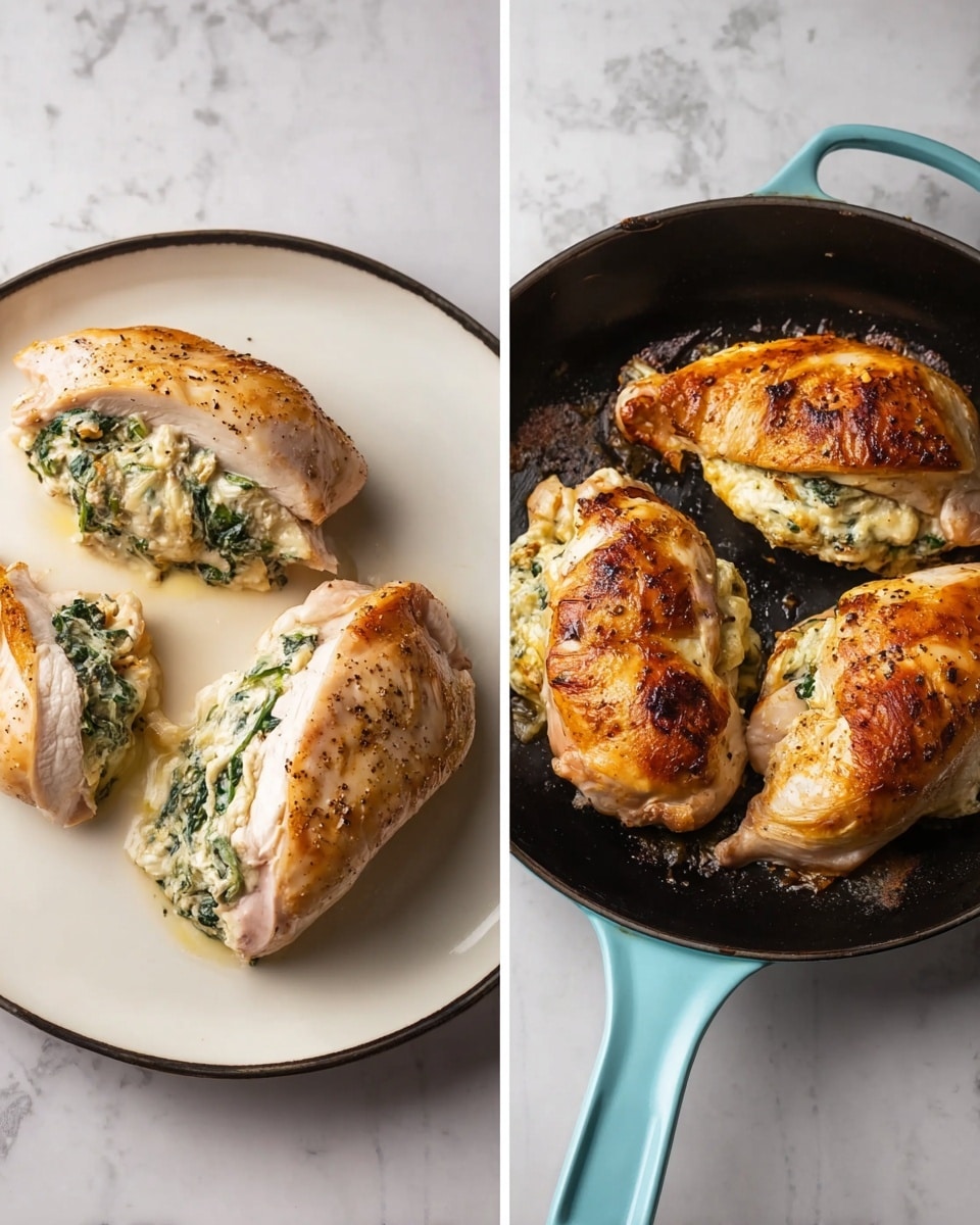 The image shows two scenes side by side. On the left, there are two raw chicken pieces placed on a round white plate on a white marbled surface. Each chicken piece is stuffed with a creamy mixture containing green leafy bits, showing a thick layer of filling bulging slightly from the seam, with the chicken skin covering most of it. The chicken is pale pink with some black pepper sprinkled on top. On the right, four cooked chicken pieces filled with the same stuffing are in a black skillet with a light blue handle, sitting on the same white marbled surface. The cooked chicken has a golden brown, slightly crispy outer layer with some darker char marks, and the cheesy mixture inside is creamy and soft with visible green leafy parts. Photo taken with an iphone --ar 4:5 --v 7