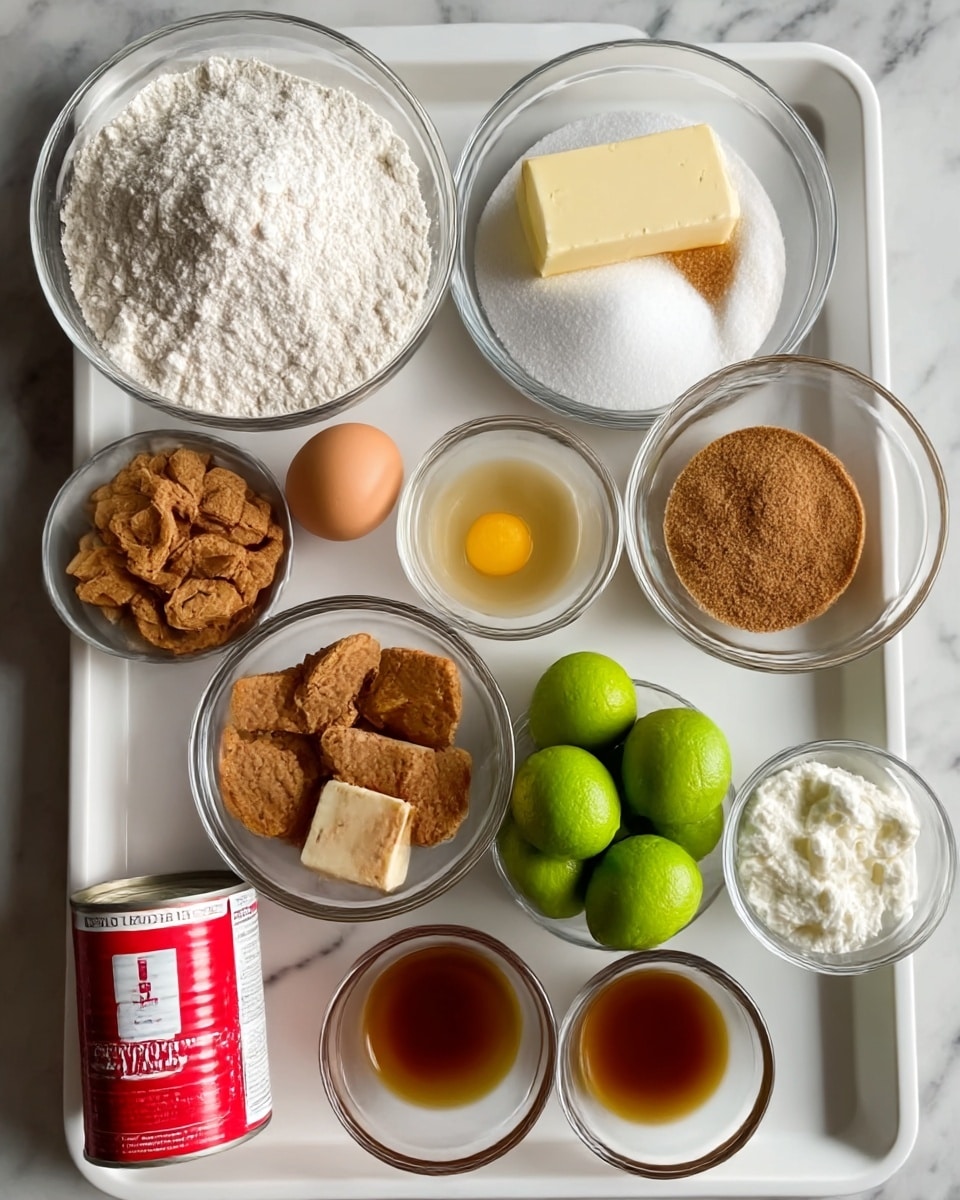 The image shows a white tray holding several clear glass bowls with various ingredients, all placed on a white marbled surface. There is a larger bowl filled with white flour, another with white granulated sugar, and a smaller one containing brown sugar. A white rectangular stick of butter lies flat next to a single egg and a small bowl of a light brown liquid, possibly vanilla extract. One bowl contains broken brown cookies or biscuits, and another smaller bowl holds white cream cheese or a similar soft cheese. A bowl of small green limes is placed next to two small bowls holding separate brown liquids. In the corner, a red and white can of condensed milk sits on the tray. The arrangement is clean and organized, with the ingredients evenly distributed across the tray. Photo taken with an iphone --ar 4:5 --v 7