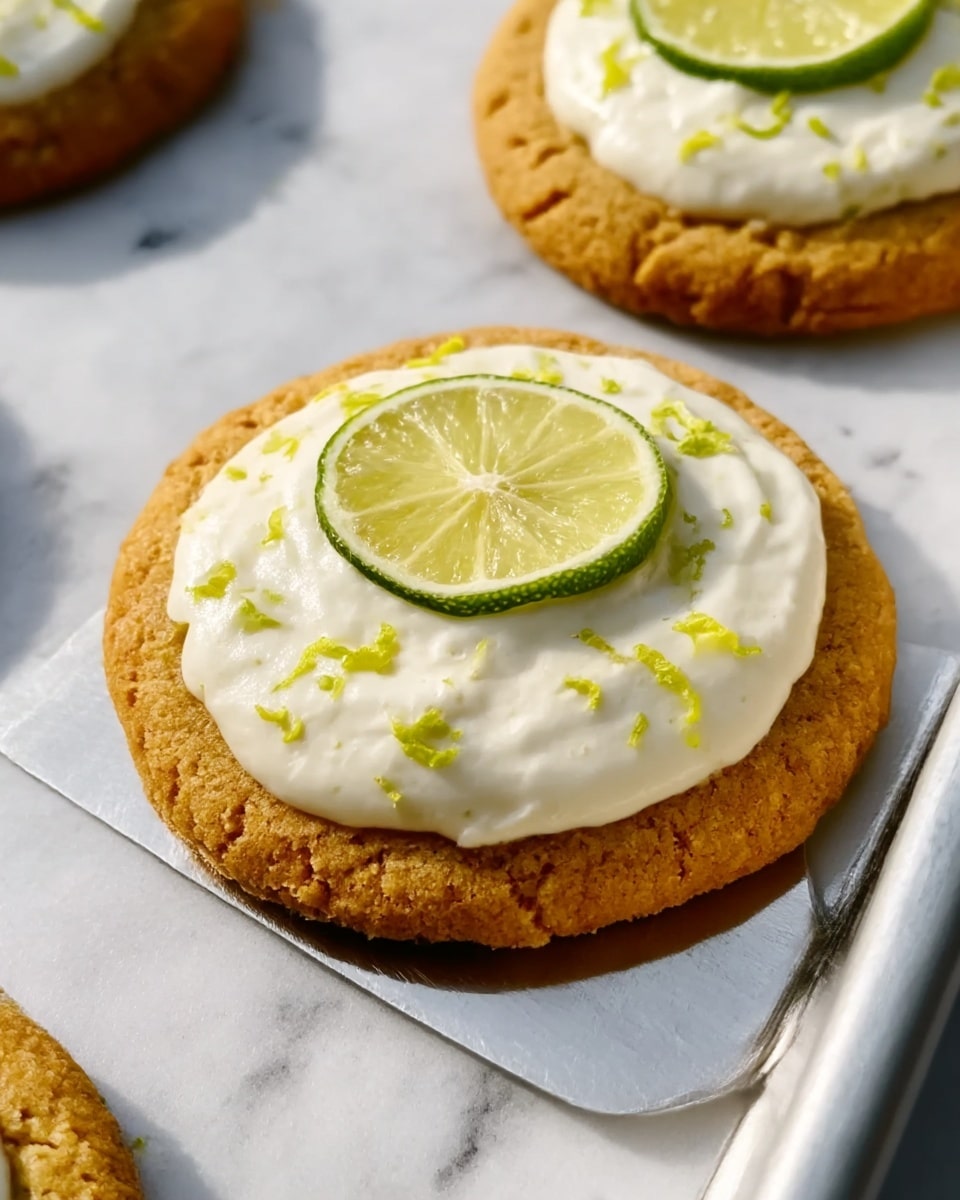 The image shows a close-up of a three-layer cookie sandwich stacked vertically. Each layer consists of a soft brown cookie with three thick white creamy layers in between. The creamy fillings have small bright yellow and green specks, with one layer featuring a thin slice of light green lemon, adding a fresh look. The cookie sandwich sits on a silver baking tray with another similar cookie visible in the blurred background, all on a white marbled surface. The photo taken with an iphone --ar 4:5 --v 7