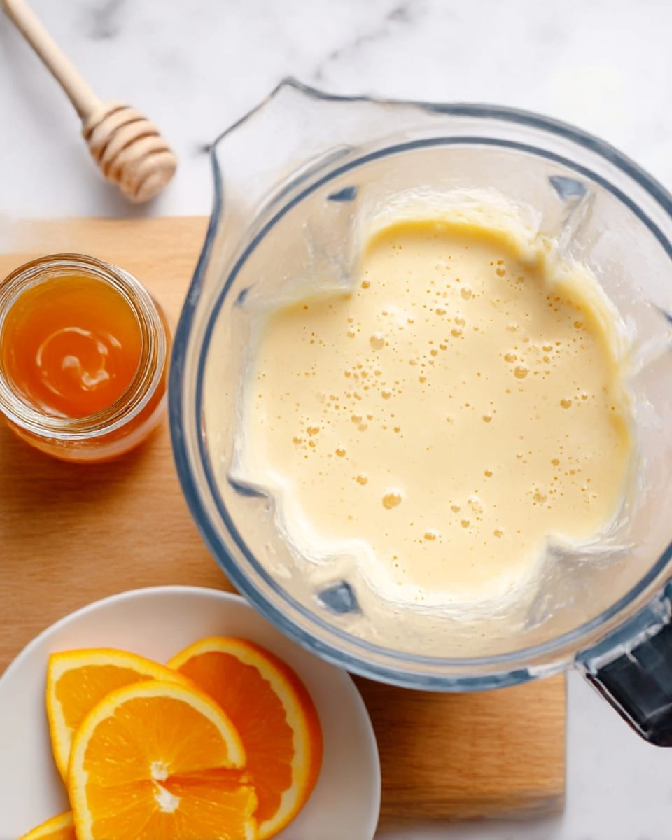 There is a clear blender container filled with a smooth, pale yellow creamy mixture with tiny bubbles on top, giving it a light and airy look. Next to the blender, there is a small glass jar of golden honey with a clear honey dipper resting inside, showing swirls of honey. In the bottom left corner, there is a white plate holding three bright orange slices with a juicy and fresh texture. The whole setup is on a white marbled surface, with a wooden cutting board partially visible under the blender and jar. The photo taken with an iphone --ar 4:5 --v 7