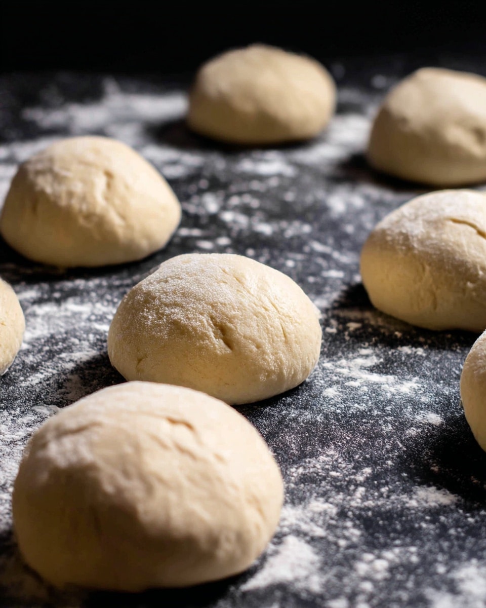 The image shows several light beige dough balls placed on a dark surface dusted with white flour. Each dough ball is smooth and round, with subtle folds and slight sheen indicating a soft texture. The dough balls are spaced evenly, showing their plump and fluffy form against the contrast of the dark background and scattered flour around them. photo taken with an iphone --ar 4:5 --v 7