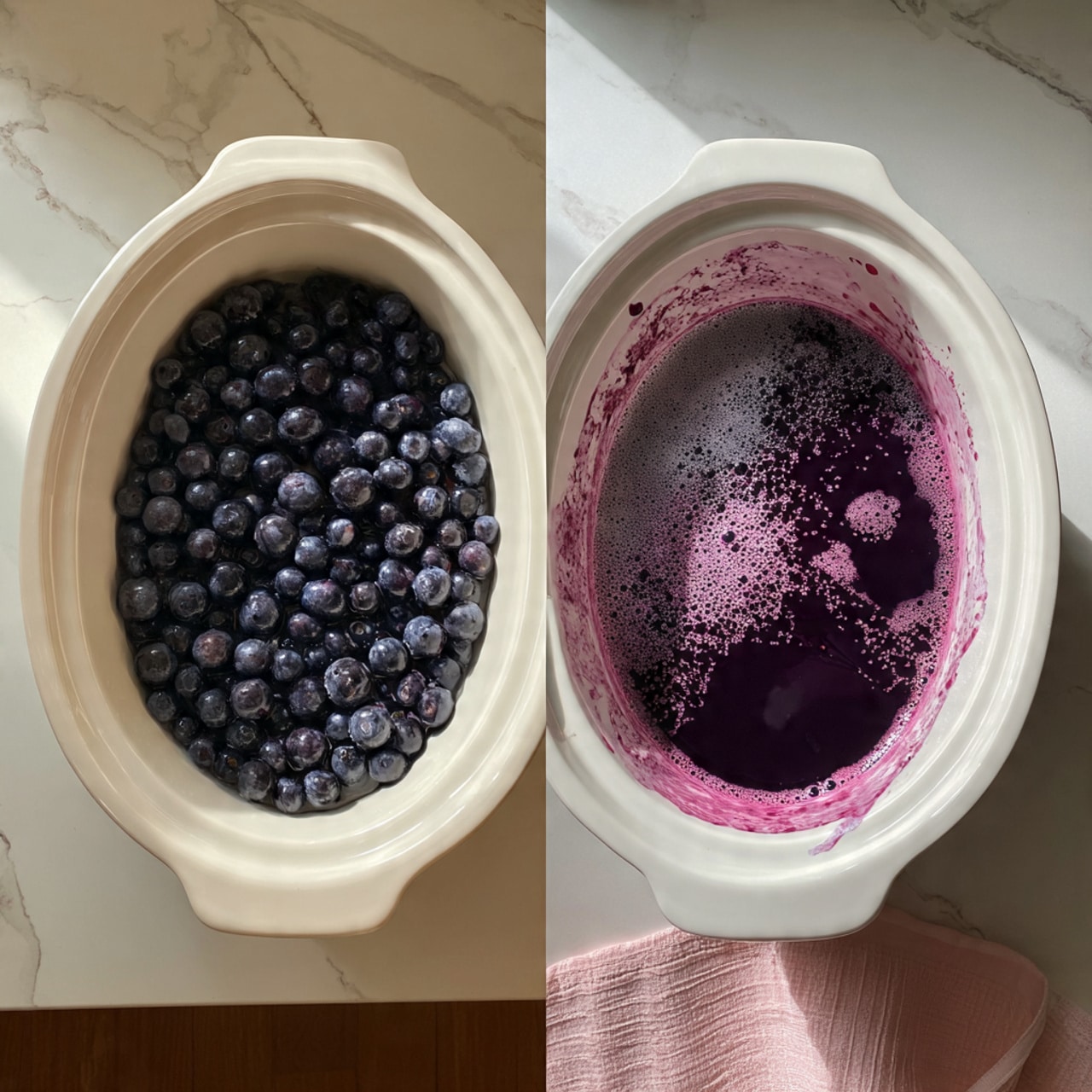 The image shows a white oval slow cooker divided vertically into two sections. The left section is filled with a layer of shiny, dark purple whole blueberries, each berry round and plump, sitting closely packed. The right section shows the cooked blueberries, darker in color and more liquid, with a frothy layer of purple foam on the top, some splattered on the sides of the cooker. Below the slow cooker is a white marbled surface with a small glimpse of a pink cloth on the bottom right corner. Photo taken with an iphone --ar 4:5 --v 7