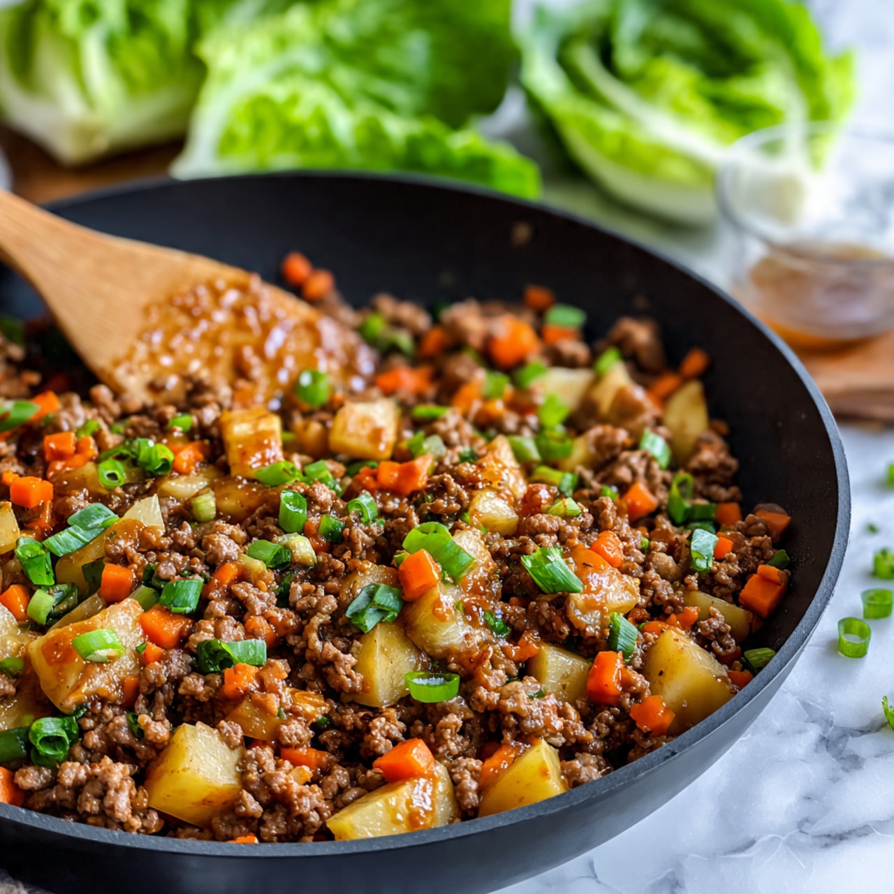 A close-up view of a black frying pan filled with cooked minced meat mixed with small diced vegetables like light yellow potatoes and orange carrots, garnished with chopped bright green spring onions, and topped with a light drizzle of brown sauce. A wooden spatula with bits of food rests inside the pan near the bottom left side. The background features some green lettuce leaves and a blurry glass cup on a white marbled surface. Photo taken with an iphone --ar 4:5 --v 7