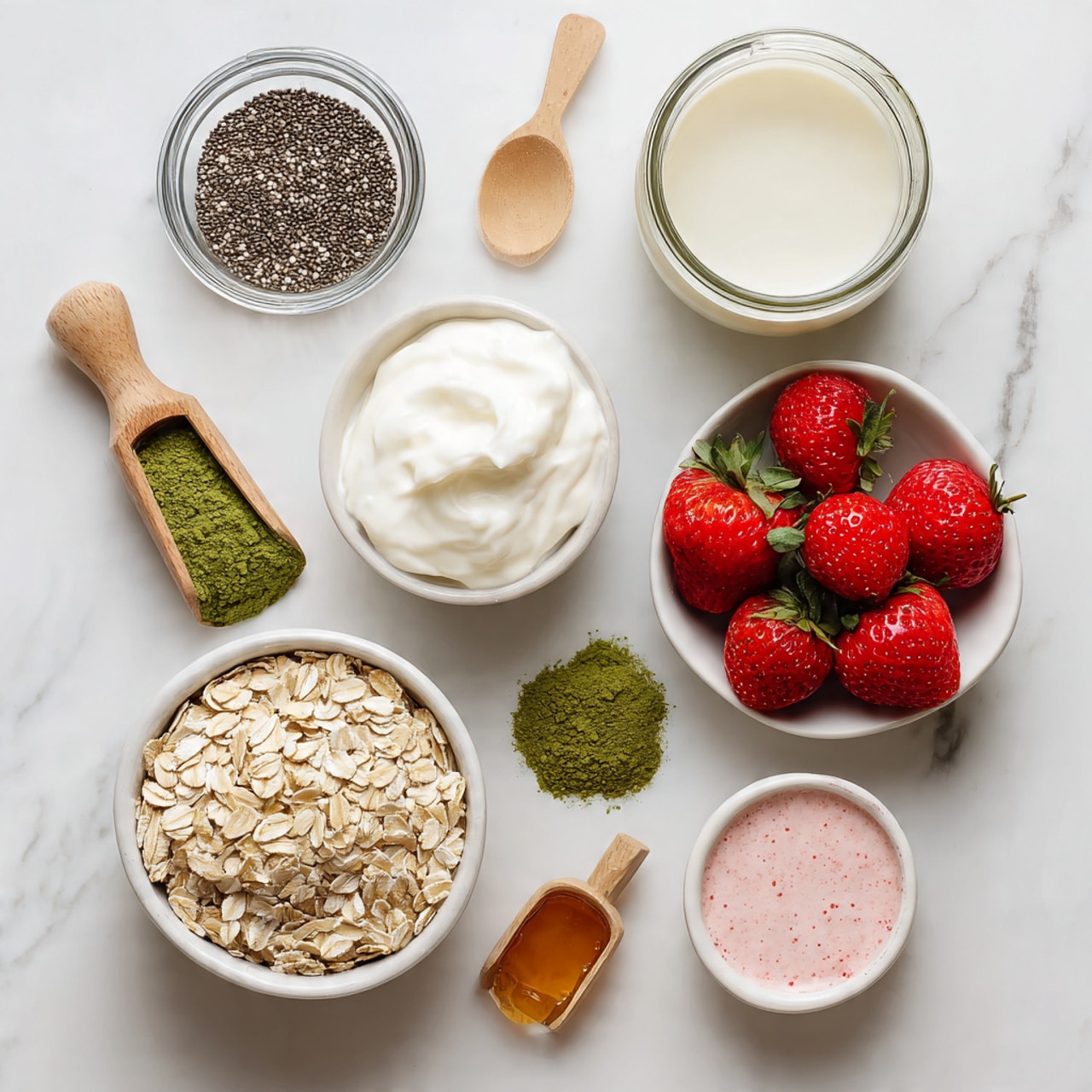 The image shows various ingredients arranged on a white marbled texture. At the top left, there is a clear glass cup filled with tiny dark chia seeds, and next to it on the right is a glass jar filled with a light creamy liquid labeled as milk or kefir. Below the chia seeds is a white round container filled with thick, creamy white Greek yogurt. To the right of the yogurt is a white bowl filled with bright red strawberries. Below the yogurt container, on the left, is a wooden scoop holding beige rolled oats labeled strawberry yogurt, with a smaller wooden scoop next to it on the right containing green matcha powder. To the right of matcha is a tiny wooden scoop with amber colored honey. At the bottom right corner is a white yogurt container with pink strawberry yogurt inside. All ingredients are spaced out neatly against the clean white marbled background, creating a fresh and healthy cooking scene photo taken with an iphone --ar 4:5 --v 7
