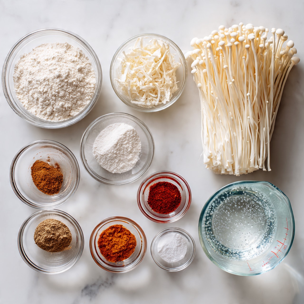 The image shows a collection of clear glass bowls and a clear measuring cup arranged neatly on a white marbled surface. The largest bowl, placed in the top right, holds a cluster of long, thin, white enoki mushrooms standing upright. In the top left, a large bowl contains white all-purpose flour. Below and to the left, a medium bowl holds white potato starch. Small bowls arranged in a row between the two larger bowls contain different spices: brown five spice, bright reddish-orange cayenne powder, darker red paprika, light beige white pepper, white baking powder, and white salt. A clear measuring cup filled with sparkling water with tiny bubbles is placed in the bottom right corner. Each ingredient is spaced evenly, and the overall look is clean and organized. Photo taken with an iphone --ar 4:5 --v 7