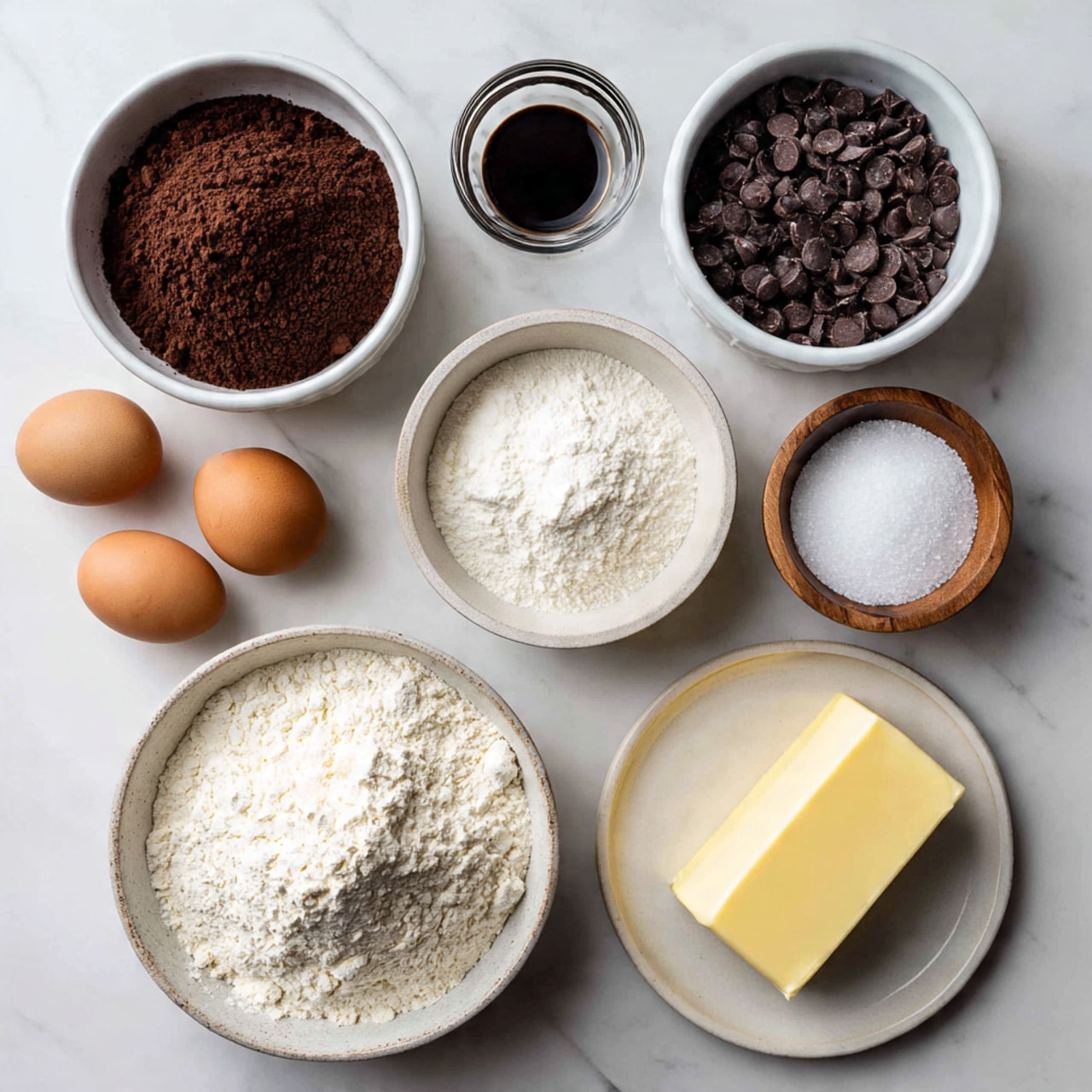 The image shows various baking ingredients neatly arranged on a white marbled surface. There are seven main items: a white bowl filled with dark brown cocoa powder at the top left, a small glass bowl with dark vanilla extract next to it, a white bowl holding dark chocolate chips at the top right, a white bowl filled with white granulated sugar on the middle left, a small wooden bowl with white salt next to the sugar, two whole brown eggs positioned in the center, a white bowl with white flour at the bottom left, and a white plate with a stick of pale yellow butter at the bottom right. Each ingredient has a distinct color and texture, clearly separated from each other. photo taken with an iphone --ar 4:5 --v 7