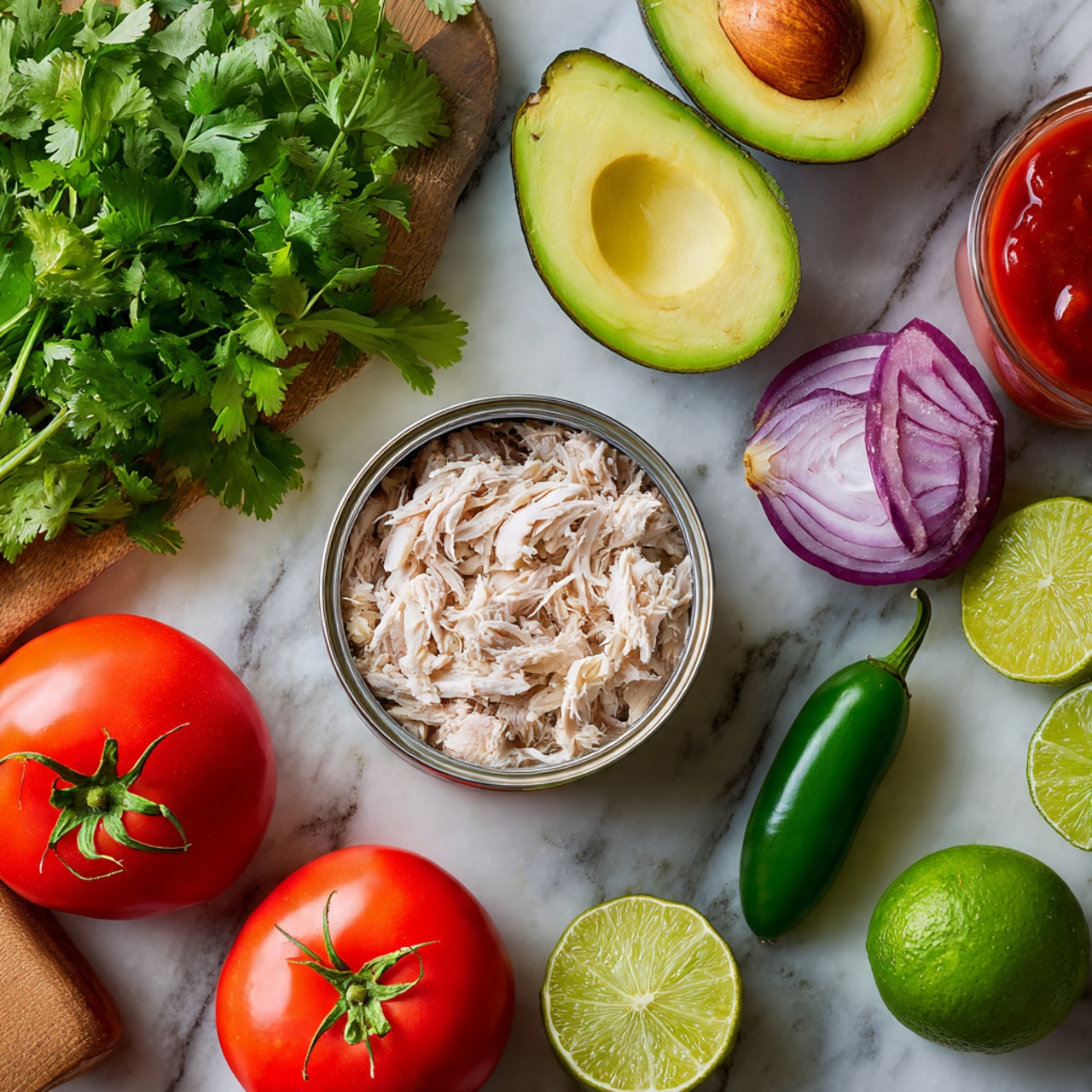 The image shows fresh ingredients on a wooden board, placed on a white marbled surface. At the center, there is an open small can filled with shredded white meat. Two avocado halves sit at the top, one with the pit and the other empty, both showing light green flesh with smooth texture. To the left, a bunch of green cilantro leaves adds a leafy texture. On the right, there is a sliced small red onion with purple rings inside. Below the can, two lime halves show light green juicy inside, one placed with the cut side up and the other down. A bright red tomato and a green jalapeño pepper sit next to the limes. A small clear bottle with red sauce is at the left bottom corner near a green lime. The colors vary from green, red, purple to beige creating a fresh, vibrant look. photo taken with an iphone --ar 4:5 --v 7