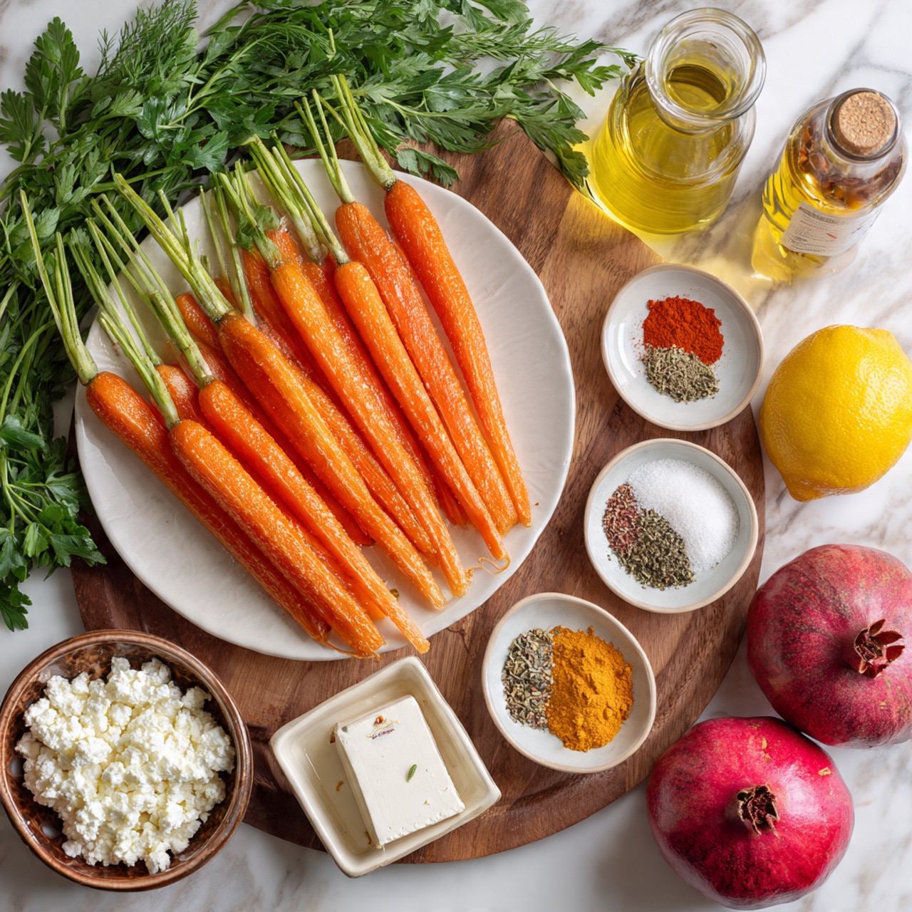 A white plate sits on a wooden cutting board filled with two layers of bright orange carrots with green tops, arranged side by side. To the top right, there is a glass bottle with light yellow oil and small white bowls containing black pepper, spice mixes in red and brown tones, and coarse salt. Below the plate, a clear glass bowl holds a yellow lemon. To the left of the plate, green parsley leaves partially cover the board and two whole deep red pomegranates rest on a round wooden platter. In the lower left corner, a small clay bowl with white creamy cheese sits on a white tray next to a block of crumbly white cheese with a few crumbs scattered around. The background is a white marbled texture. Photo taken with an iphone --ar 4:5 --v 7