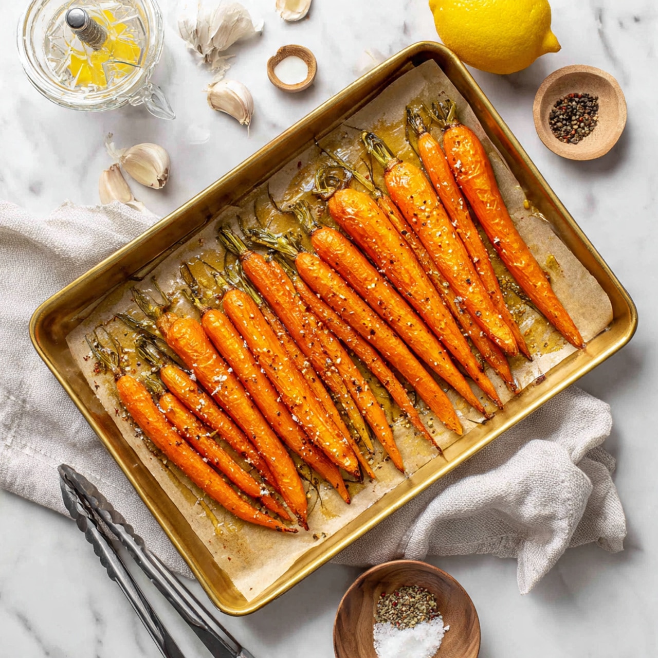 The image shows a gold baking tray lined with light brown parchment paper holding twelve roasted carrots arranged in a mostly single layer, filled with bright orange color and lightly glistening with oil and spices. The carrots have small green tops, and their skin looks slightly wrinkled from roasting. The tray sits on a white marbled surface scattered with garlic cloves to the left, a glass lemon juicer with a whole yellow lemon below the tray, and small bowls of spices, ground black pepper, and an oily sauce arranged around it. Shiny silver tongs rest on the bottom left edge of the tray, ready to pick up a carrot. photo taken with an iphone --ar 4:5 --v 7