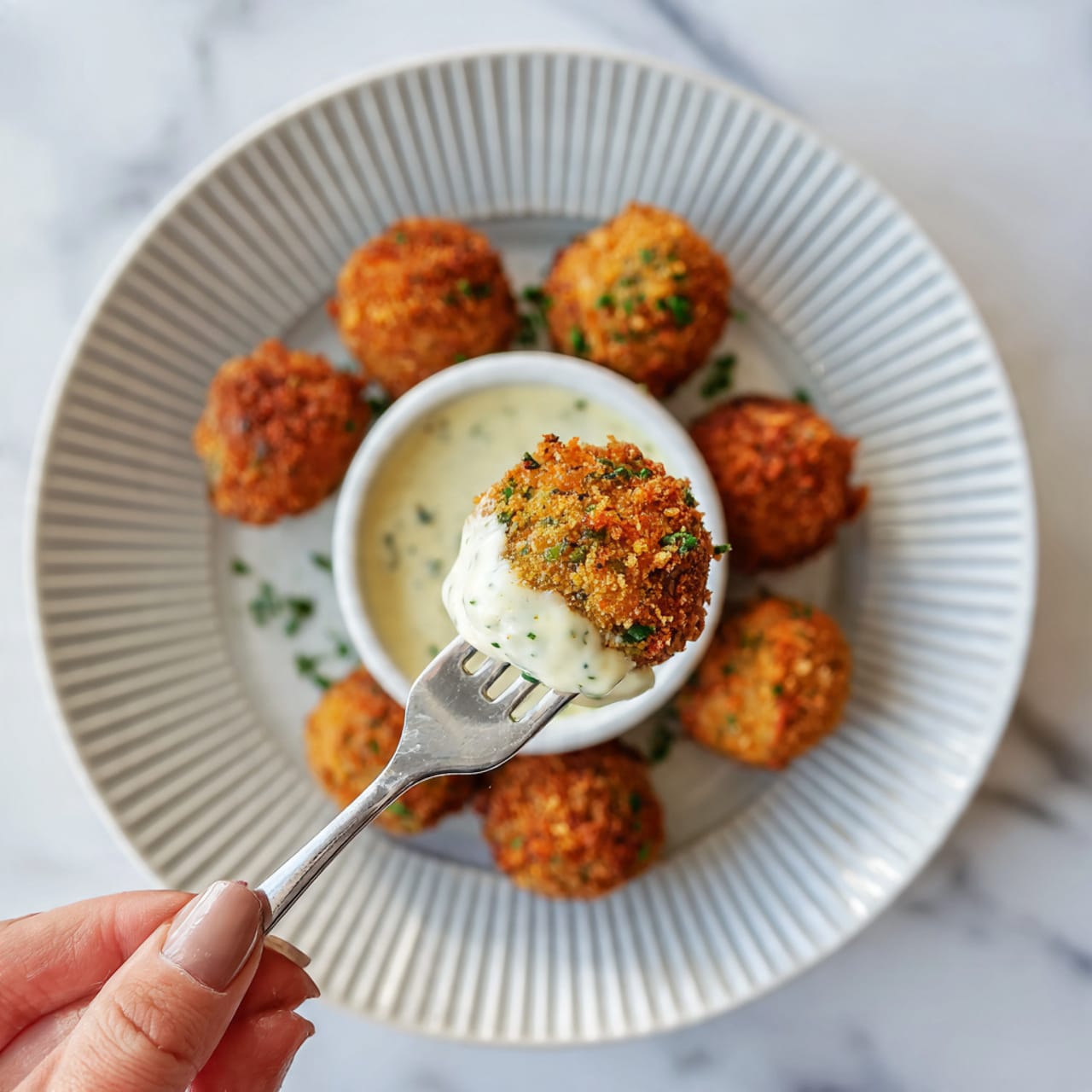 A close-up shot shows a crispy golden brown fried ball with green herb specks, dipped halfway in a creamy white sauce with small green bits, held on a silver fork above a white ribbed plate. The plate holds several more fried balls with bits of the creamy sauce on them and a small white bowl filled with creamy white sauce in the center. The background is a white marbled surface, and a woman's hand gently holds the fork from the bottom right corner. Photo taken with an iphone --ar 4:5 --v 7