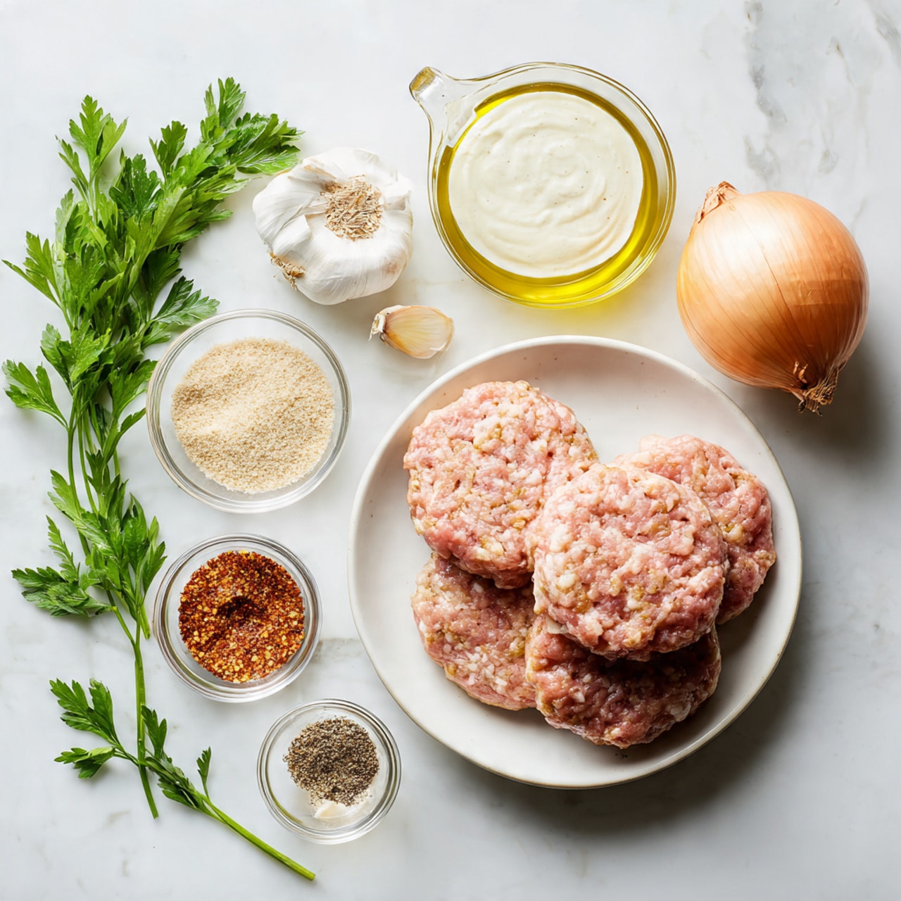 The image shows raw ground turkey placed on the right side of a white plate, with an onion positioned above the plate close to the edge. Surrounding the plate on a white marbled surface are small glass bowls holding light brown breadcrumbs, a creamy white sauce, and a mix of salt, pepper, and red spices. A small glass bottle of light yellow oil sits above these bowls, next to a garlic clove and fresh green parsley with stems lying flat on the surface. The layout is clean and bright, with a soft natural light enhancing the textures of each ingredient photo taken with an iphone --ar 4:5 --v 7