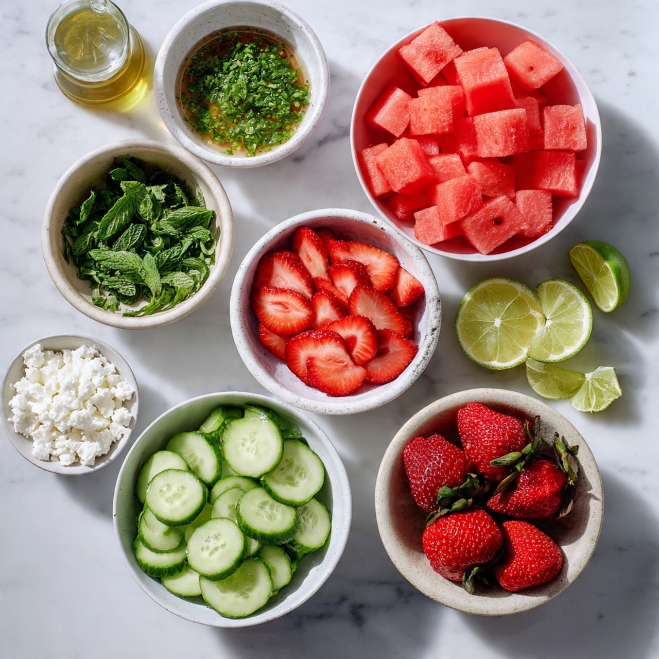 The image shows six white bowls on a white marbled surface, each filled with different fresh ingredients. Starting from the top right, the largest bowl is filled with bright red cubes of watermelon. Below it, a bowl holds several thin, evenly sliced round pieces of strawberries, their red color vibrant and juicy. To the left of the strawberries, there is a bowl filled with evenly sliced round green cucumber pieces showing their seeds and fresh texture. Above the cucumbers, a smaller bowl contains bright green, chopped mint leaves. Next to the mint is a small bowl with white, crumbly feta cheese. Near the watermelon bowl, lime wedges are scattered around a small white bowl filled with green lime zest. Around the setup, whole strawberries and a small bottle of olive oil add more color and freshness to the scene. Photo taken with an iphone --ar 4:5 --v 7