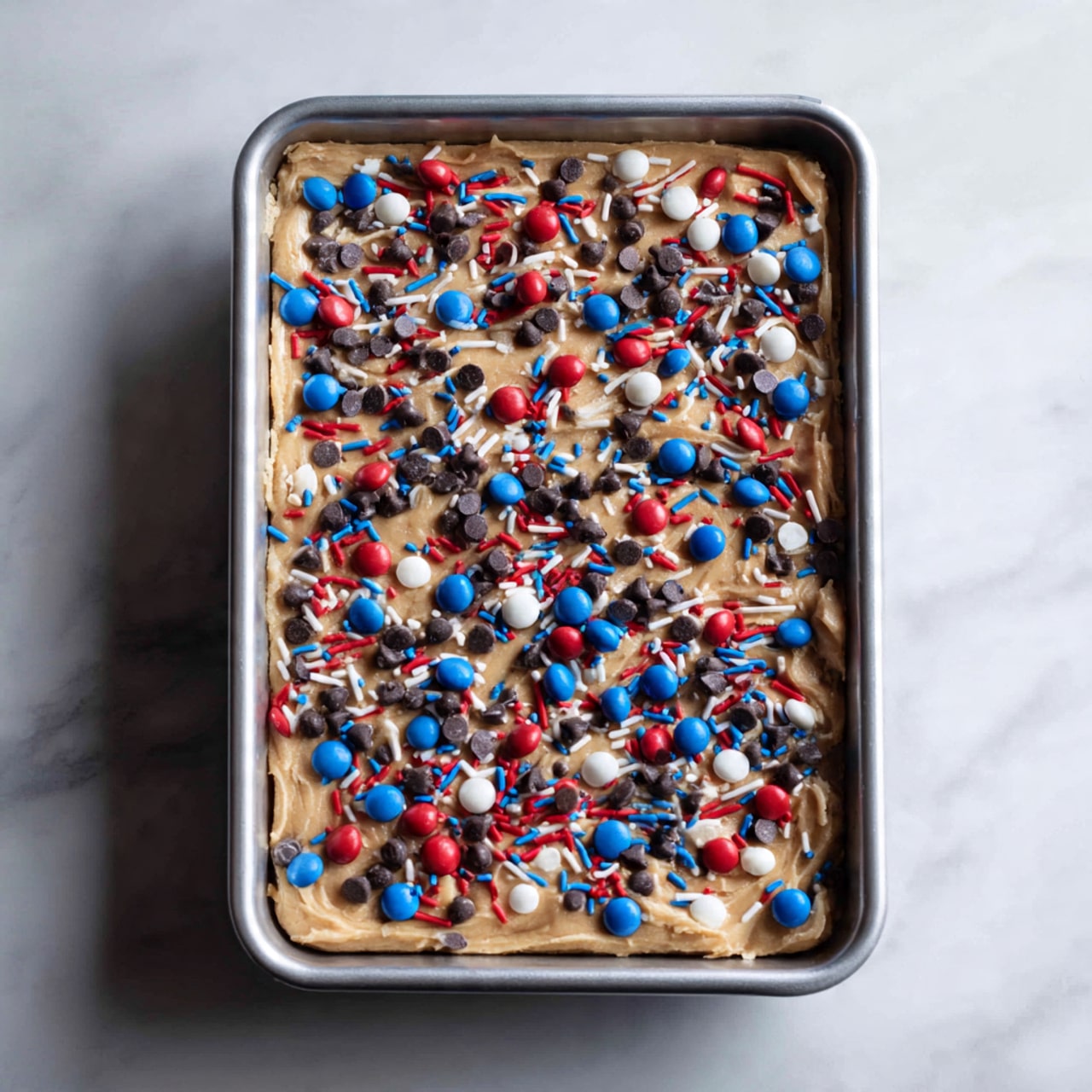 A rectangular metal baking tray filled with one layer of light brown cookie dough spread evenly across it. The dough is topped with a mix of colorful candy pieces, including blue, red, and white round candies, dark brown chocolate chips, and red, white, and blue sprinkles that look like stars and lines, scattered all over the surface. The tray is placed on a white marbled surface with soft light highlighting the textures and colors. photo taken with an iphone --ar 4:5 --v 7