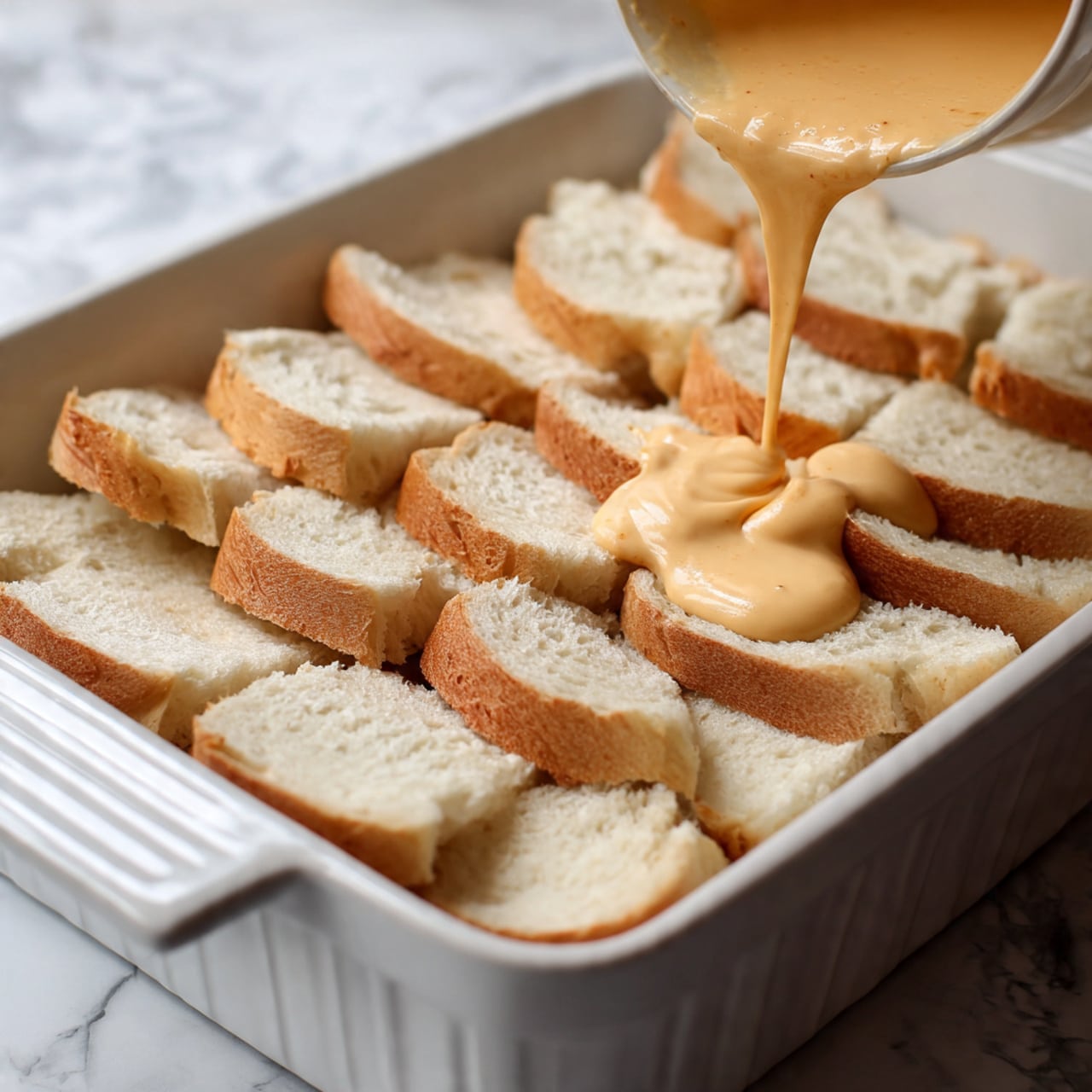 The image shows a white rectangular baking dish filled with two layers of white bread slices, arranged to cover the bottom. A light orange creamy sauce is being poured evenly over the bread from the right side, visibly flowing over and filling the gaps between the slices. The bread texture is soft with crust edges visible all around. The background surface is a white marbled texture. photo taken with an iphone --ar 4:5 --v 7