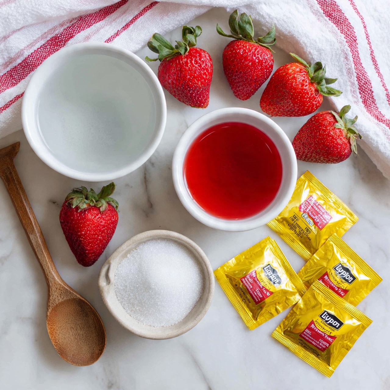 On a white marbled surface, there are three white bowls, each with a different ingredient: one bowl filled with clear water at the bottom left, another filled with white sugar at the bottom right, and the last filled with bright red strawberry simple syrup near the top right. Between the bowls are several yellow, rectangular black tea bags with red and white Lipton labels. Around the bowls and tea bags are five fresh strawberries with green tops, placed on the surface. A wooden spoon handle is visible at the bottom left, and a white cloth with red stripes is spread above the setup. photo taken with an iphone --ar 4:5 --v 7