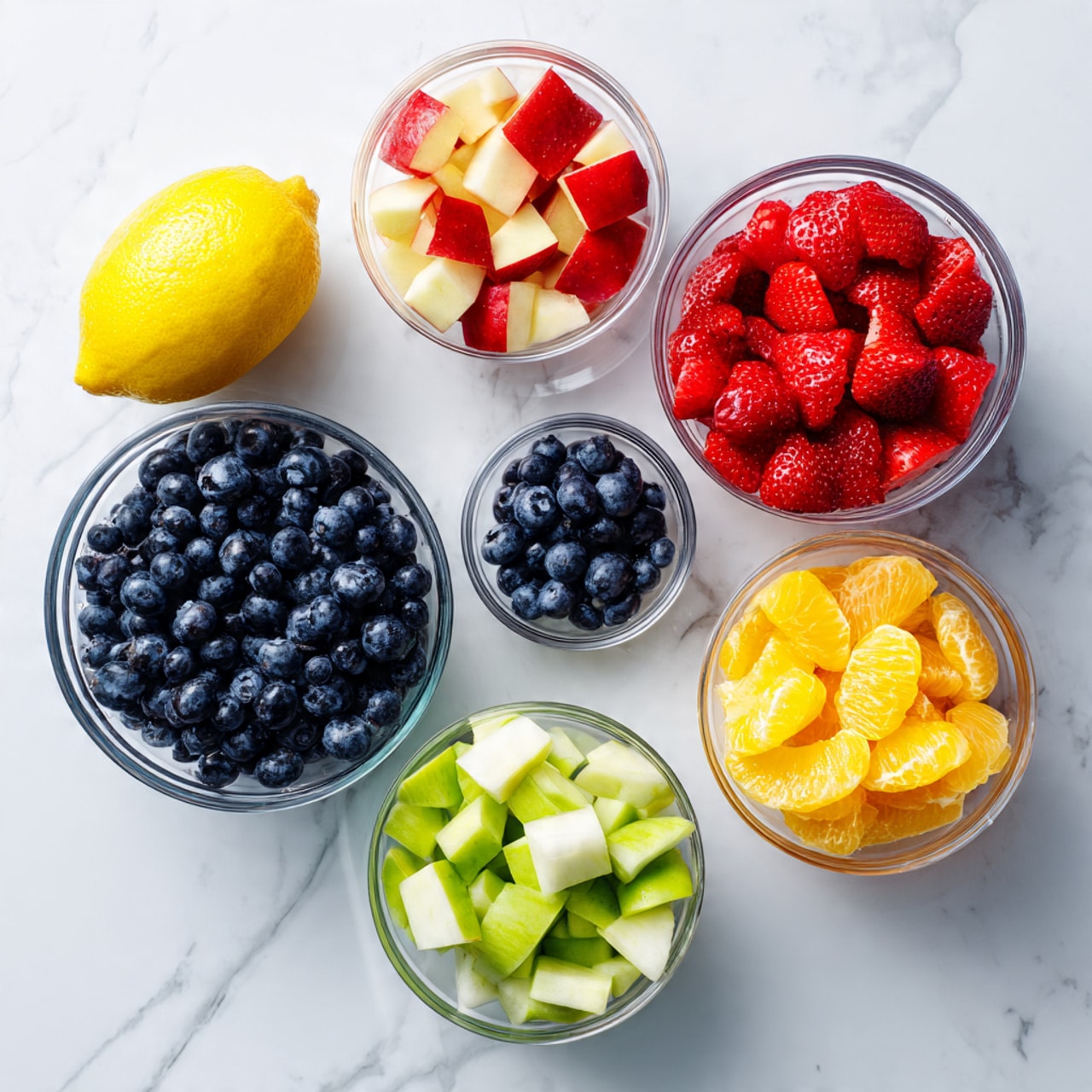 The image shows six groups of fresh fruit arranged on a white marbled surface with green leaves around. At the top left, there is a whole yellow lemon with a smooth bright peel. Next to it, in a clear measuring cup, are small pieces of red apple with red skin and pale flesh. Below the lemon, a clear bowl holds many small, round blueberries, deep blue with a bit of light sheen. To the right, a clear bowl is filled with bright red strawberries, cut into small pieces showing their juicy inside. Below the blueberries, another clear bowl has chopped green apple pieces with light green skin and pale flesh. Finally, to the right, a clear bowl contains clean mandarin orange slices, bright and shiny. The setup is neat on the white marbled surface with soft light. photo taken with an iphone --ar 4:5 --v 7