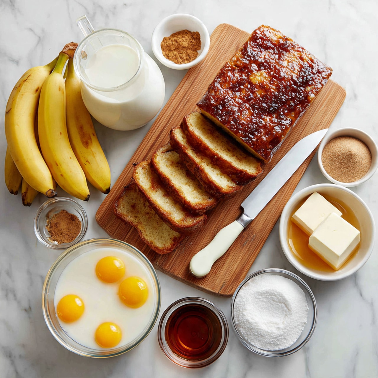 A wooden cutting board holds a loaf of bread cut into thick slices, showing its soft white inside and golden brown crust. On the board beside the bread is a large knife with a white handle. Surrounding the board on a white marbled surface are several ingredients: a bunch of yellow bananas with some brown spots, a clear glass jug filled with white milk, a clear bowl with mixed beaten eggs and a small whisk inside, a small clear bowl with a light brown powder (likely cinnamon), a small square piece of butter on a clear dish, a small clear bowl with white coarse salt, a bigger white bowl filled with brown sugar, a small glass jar with a dark brown liquid (probably vanilla extract), and a white ceramic bowl filled with white sugar. photo taken with an iphone --ar 4:5 --v 7