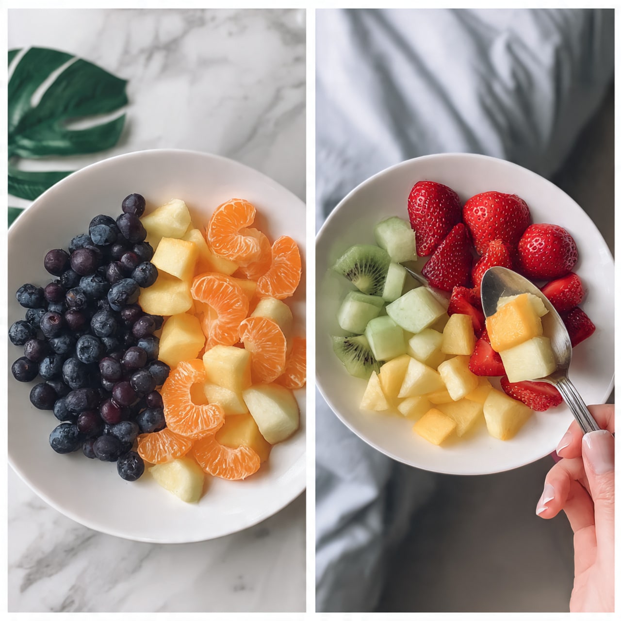 A large white plate on a white marbled surface holds five sections of fresh fruit arranged neatly. Starting from the top right and moving clockwise, there are dark blue blueberries, light green apple pieces, bright red strawberry slices, orange mandarin segments, and pale cream apple chunks with red edges. The fruits are vibrant and separated, showing clear colors and textures. In the next image, a spoon holds a mix of the same fruits above a white bowl filled with a colorful fruit salad. A woman's hand is holding the spoon. The background has a soft, blurred green leaf and gray cloth. Photo taken with an iphone --ar 4:5 --v 7