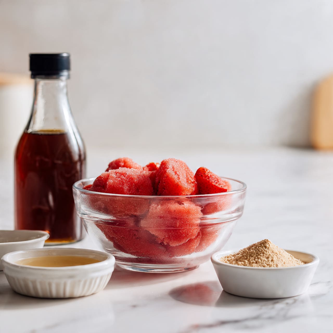 A clear glass bowl filled with a layer of bright red frozen strawberries showing a frosty texture sits on a white marbled surface. To the left, there is a clear measuring bottle filled with a dark brown liquid, capped with a black top. In front of the bowl, two small white bowls contain a pale yellow liquid and a light brown powdery substance respectively. The background is softly blurred, highlighting the ingredients in the foreground photo taken with an iphone --ar 4:5 --v 7