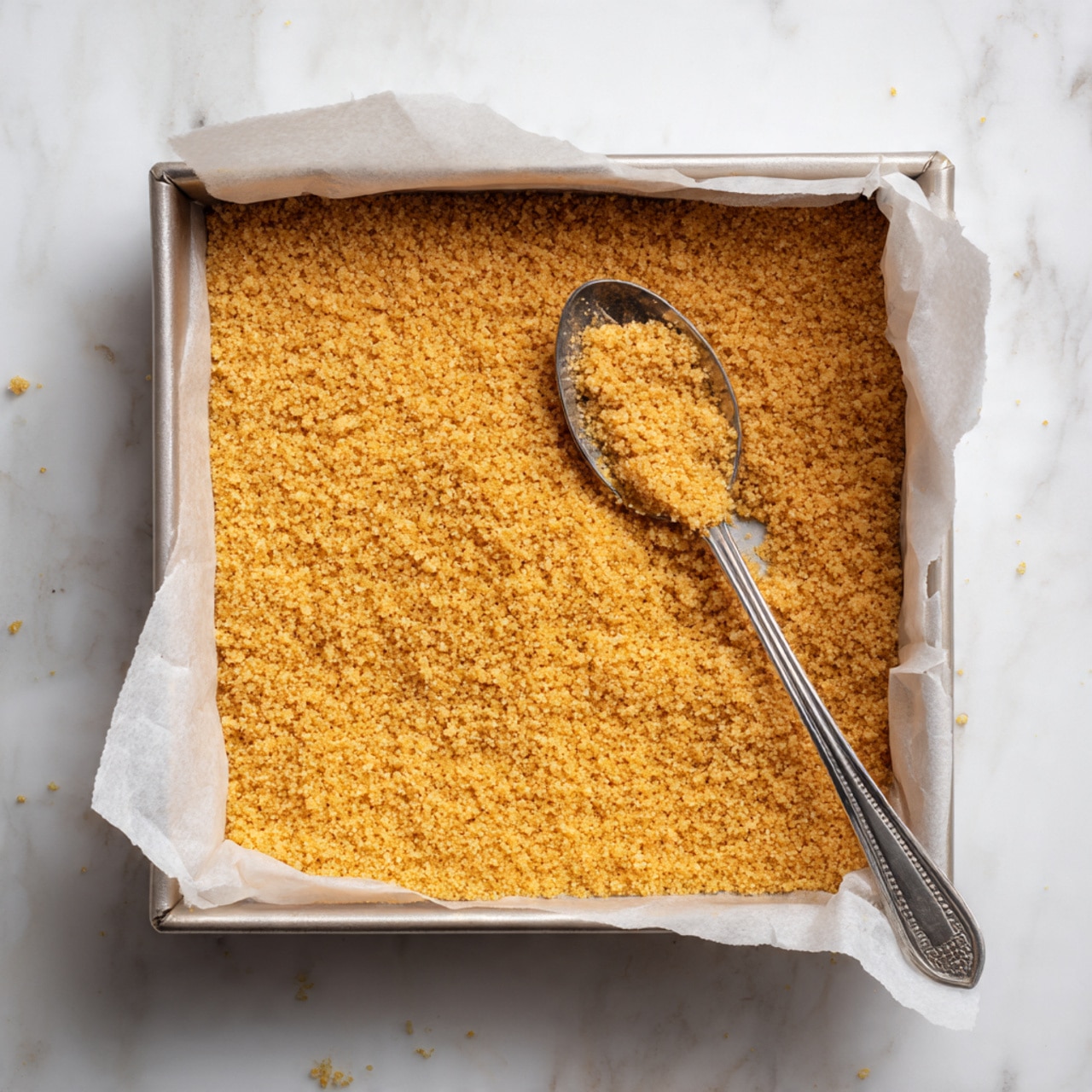 A square metal pan lined with white parchment paper holds a flat, even layer of golden brown crumbs that cover the entire base. A spoon rests on top of the crumbs on the right side of the pan, with some crumbs slightly scooped up, showing a rough texture of the fine crumb layer. The background is a white marbled surface. photo taken with an iphone --ar 4:5 --v 7