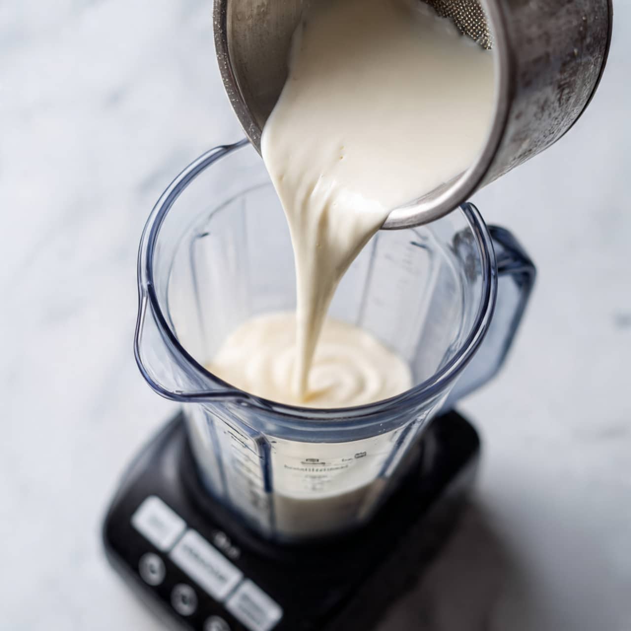 A clear plastic blender container is positioned on top of a black base with visible buttons and labels. From above, a metal cup with a worn silver surface pours white cream in a smooth stream into the blender. The background is a white marbled texture. photo taken with an iphone --ar 4:5 --v 7