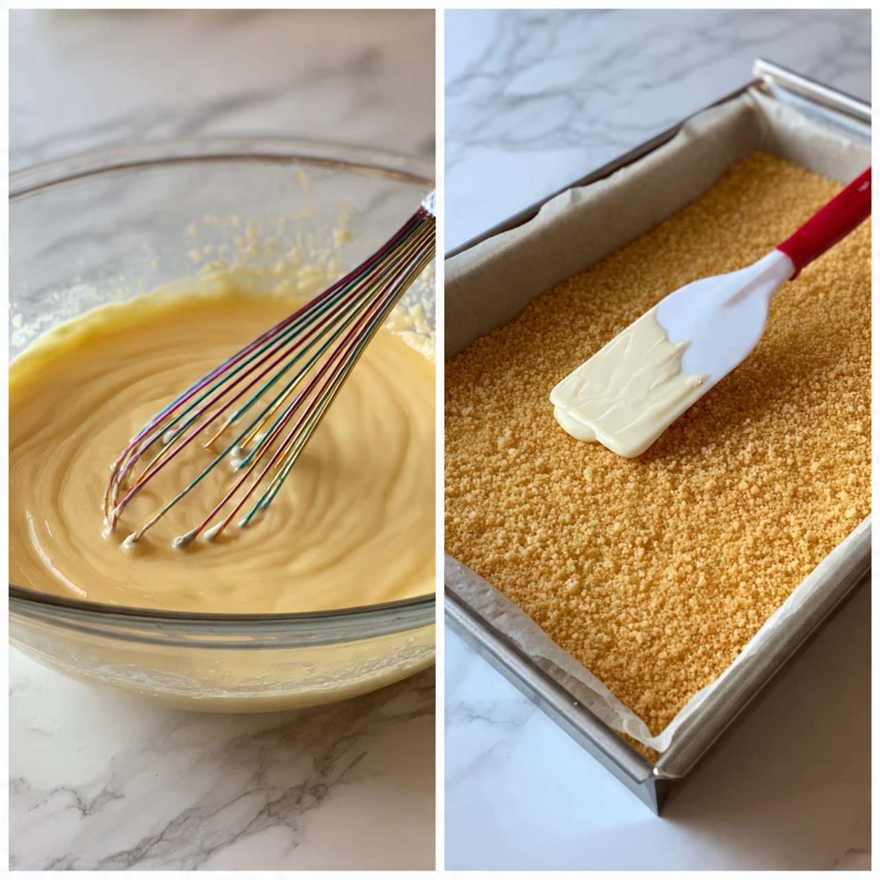 The image shows two stages of making a dessert. On the left side, there is a clear mixing bowl with a pale yellow batter inside. A metal whisk with colorful wire loops is partially dipped in the smooth batter. On the right side, there is a metal tray lined with parchment paper, filled with a golden brown crumb layer pressed flat and evenly. A white rubber spatula with a red handle is spreading a smooth light cream layer on top of the crumb base. Both surfaces are set on a white marbled background. Photo taken with an iphone --ar 4:5 --v 7