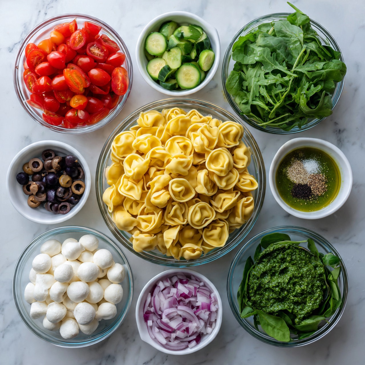 The image shows a white marbled surface with nine clear and white bowls arranged in a circular pattern. In the center, there is a large clear bowl filled with yellow tortellini pasta. Moving clockwise from the top left, there is a clear bowl with bright red halved cherry tomatoes, a clear bowl of chopped green cucumbers, a small clear bowl with sliced black olives, a small clear bowl of salt and black pepper split equally, a clear bowl with fresh green arugula, a clear bowl with fresh spinach leaves, a white bowl with small white mozzarella balls, and a white bowl filled with green pesto sauce. A small clear bowl with finely chopped red onions is positioned next to the bowl of tomatoes, completing the circle. All the ingredients display vivid, natural colors and textures. Photo taken with an iphone --ar 4:5 --v 7