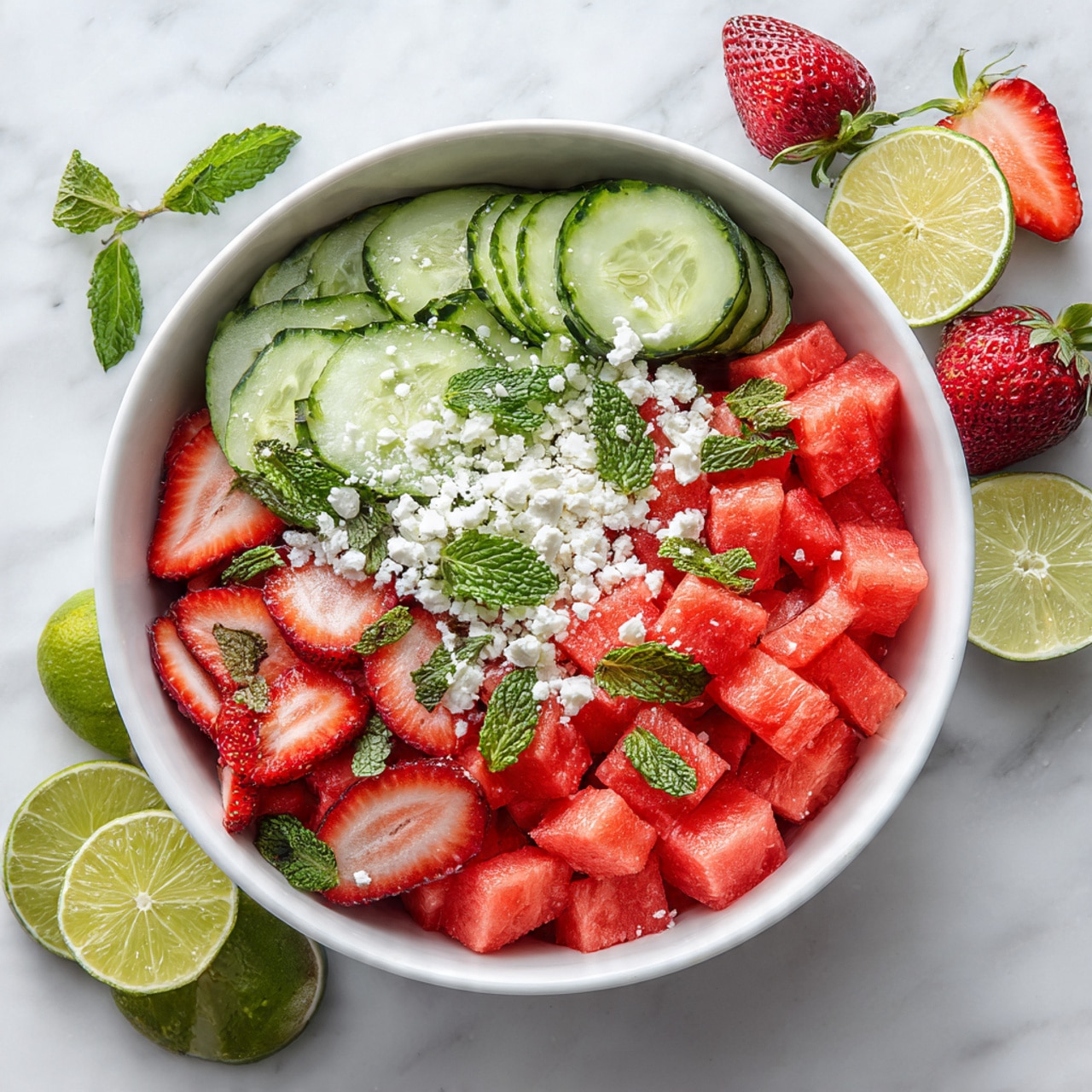 The image shows a fresh fruit and vegetable salad in a white bowl with three main layers: the bottom layer has small red watermelon cubes, the middle layer has thinly sliced red strawberries, and the third layer contains thin green cucumber slices all mixed with white crumbled cheese sprinkled on top and green mint leaves scattered around both inside and outside the bowl on a white marbled surface, with nearby lime wedges and strawberry halves adding extra color, photo taken with an iphone --ar 4:5 --v 7