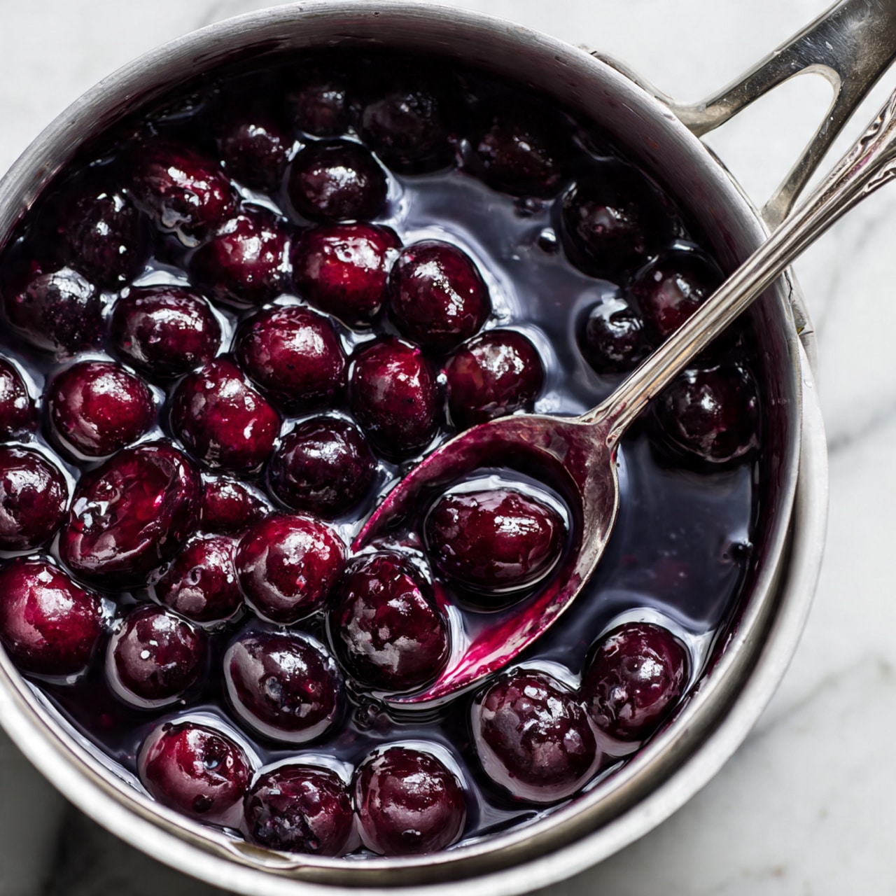 A close-up view of a metal pot filled with cooked blueberries in a thick dark purple sauce, showing many whole blueberries with shiny skins floating in a glossy, syrupy liquid; a large silver spoon is resting inside the pot, partly covered with the blueberry sauce; the white marbled surface is visible around the pot. Photo taken with an iphone --ar 4:5 --v 7