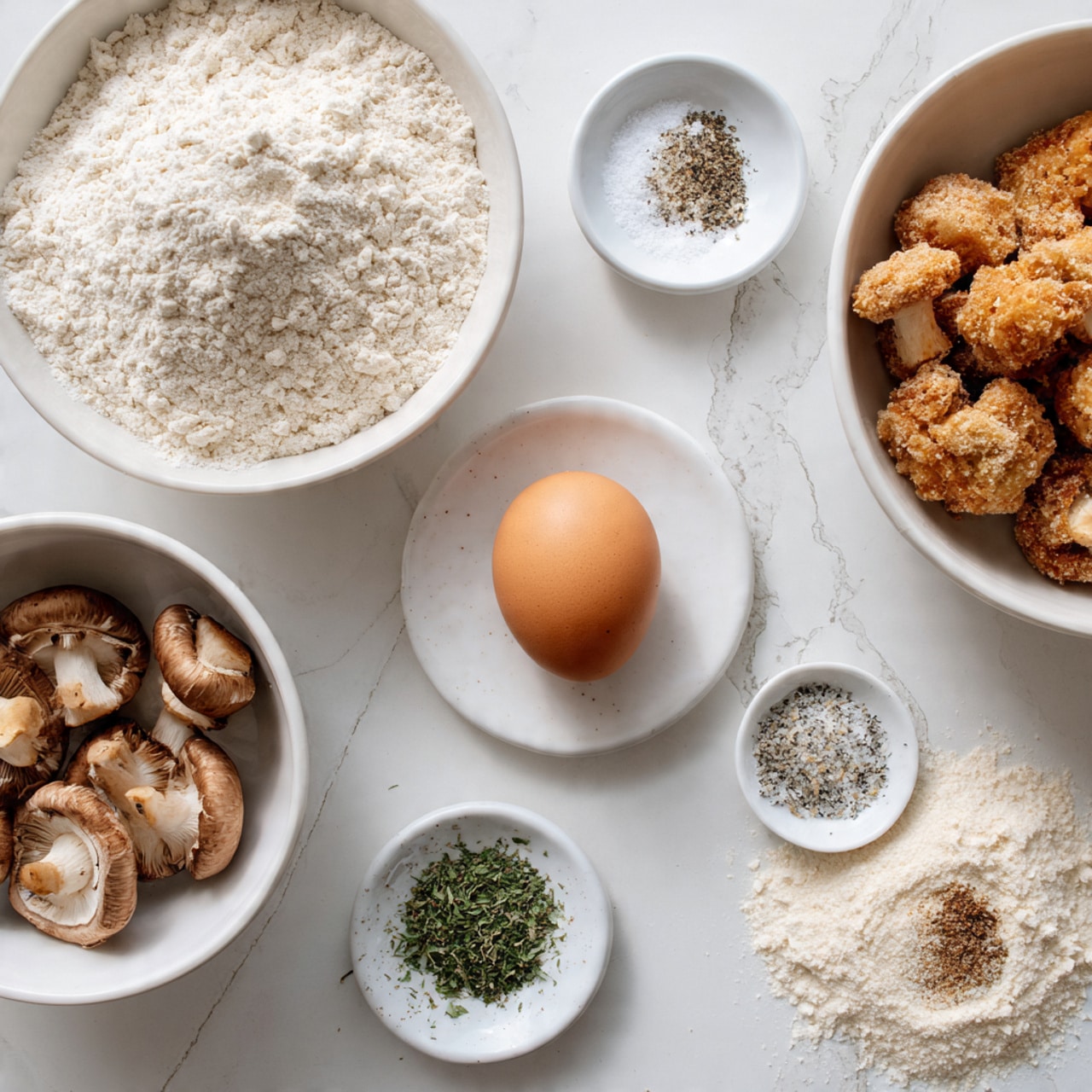 The image shows several white bowls and a small white plate arranged on a white marbled surface. One bowl is filled with plain flour, another holds light beige breadcrumbs, and a third contains brown chestnut mushrooms, some loose around the bowl. The white plate has one brown egg placed in the center with small piles of sea salt, black pepper, dried parsley, and garlic powder spread around it. The overall scene is clean and bright, with the ingredients clearly separated for easy viewing photo taken with an iphone --ar 4:5 --v 7