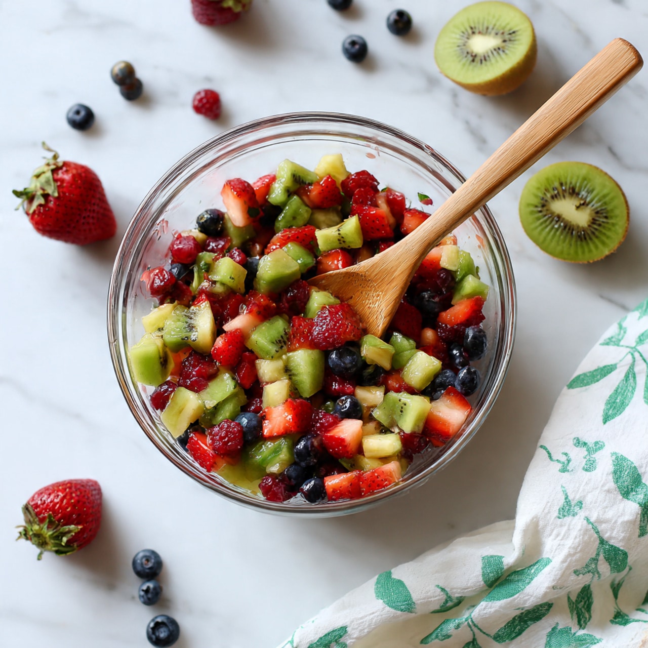 A clear glass bowl filled with a colorful mix of fresh fruit pieces, including small red strawberry chunks, bright green kiwi cubes, dark blue blueberries, and red raspberries, all mixed together. A light brown wooden spoon is placed inside the bowl, partly resting on the fruit. The bowl sits on a white marbled surface with scattered fresh fruit pieces like whole blueberries, strawberries, and slices of kiwi around it. A white cloth with green patterns is placed on the right side of the bowl. photo taken with an iphone --ar 4:5 --v 7