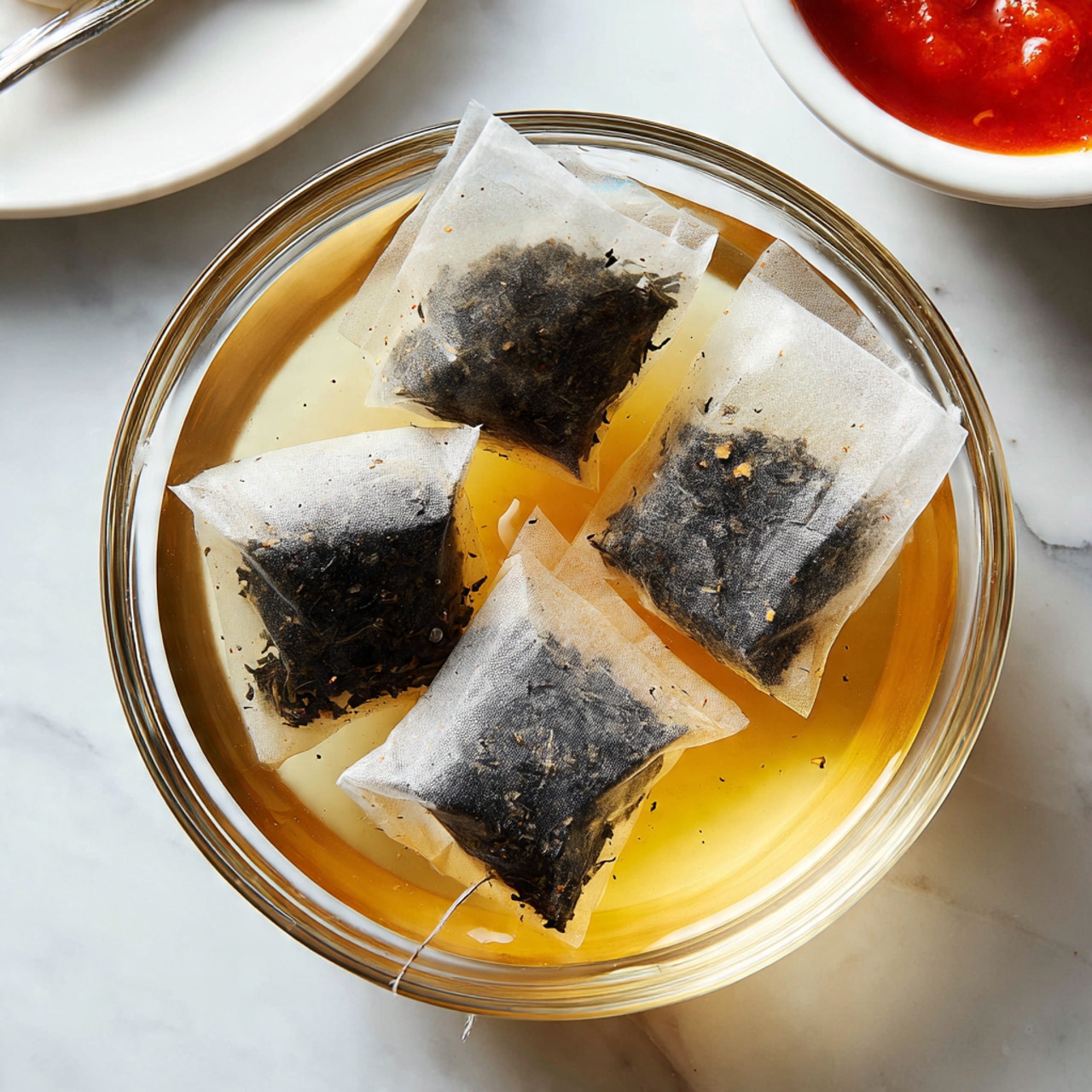 A clear glass bowl filled with a light yellow liquid sits on a white marbled surface. Inside the bowl, four tea bags float, each wrapped in white paper with dark tea leaves visible through the paper, partially soaked in the liquid. In the blurred background, a small white dish with red sauce is slightly visible at the top right corner. The image shows the texture of the tea bags and the slight condensation on the glass bowl. Photo taken with an iphone --ar 4:5 --v 7
