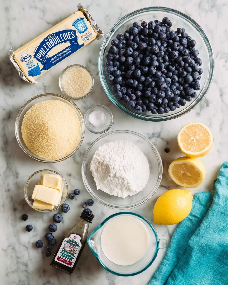 A top-down view on a white marbled surface shows an arrangement of baking ingredients including a large clear glass bowl filled with dark blue blueberries loosely spread out with some berries scattered on the surface; a large clear bowl with light yellow dry crumbs; a medium clear bowl with white granulated sugar; a small clear bowl holding beige granulated sugar; a smaller clear bowl filled with white powder; a small clear glass salt shaker; a stick of salted butter with light yellow color wrapped in a white wrapper with blue letters; a silver foil package of Philadelphia cream cheese; a clear bowl filled with white powdery sugar; a dark brown bottle labeled vanilla extract; two halves of a bright yellow lemon with visible seeds; a clear glass measuring cup filled with light cream-colored milk; and a turquoise cloth placed on the bottom right corner photo taken with an iphone --ar 4:5 --v 7