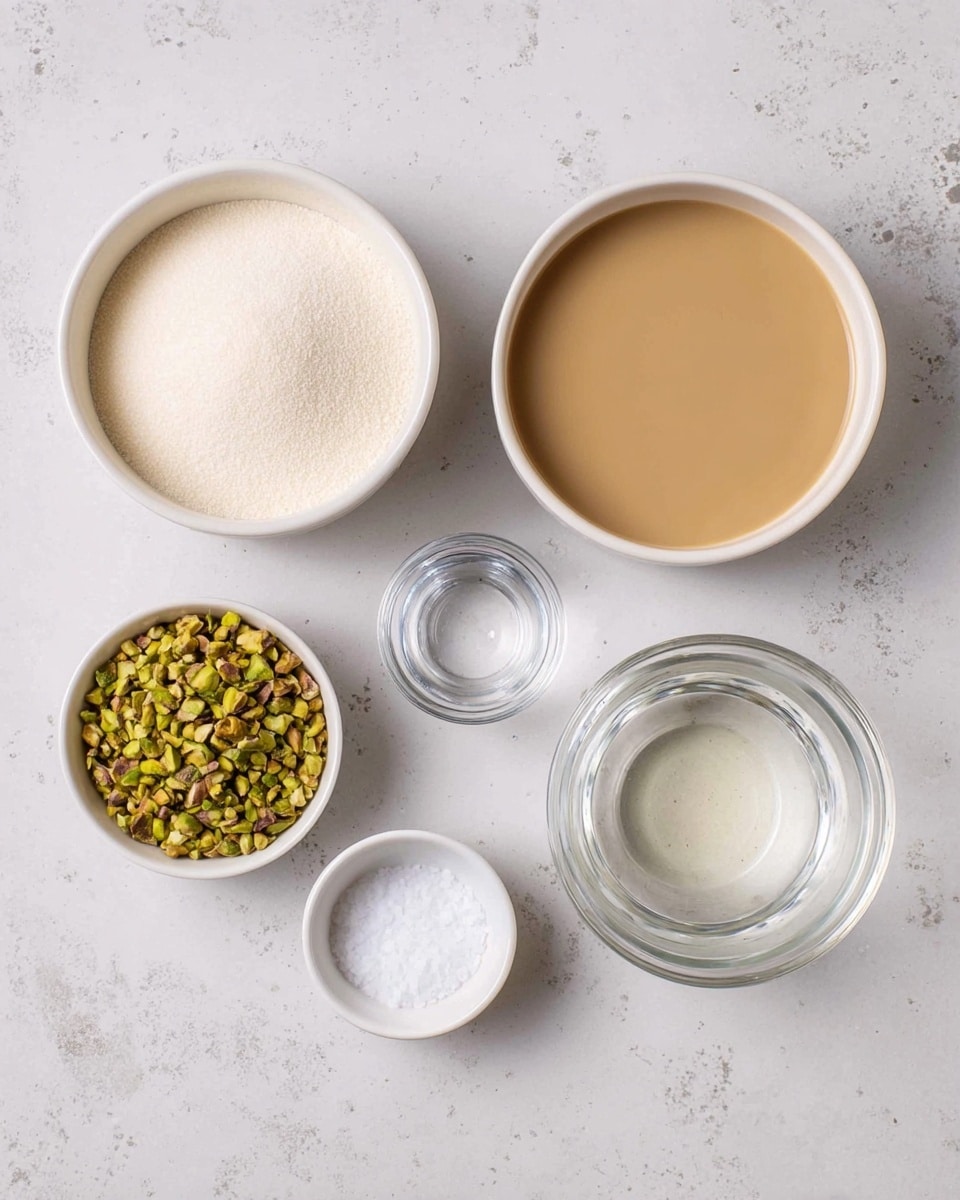 The image shows six bowls with different ingredients on a white marbled surface. The largest bowl on the right contains a smooth, creamy light brown liquid. Below it is a clear glass bowl holding a transparent liquid. On the left side, a large white bowl holds fine white sugar. Above that bowl is a smaller white bowl filled with chopped green pistachios. Two small white bowls are placed in the middle, one holding a few grains of coarse salt and the other likely containing water or another clear liquid. All bowls are arranged neatly, showing a clean and organized layout. Photo taken with an iphone --ar 4:5 --v 7