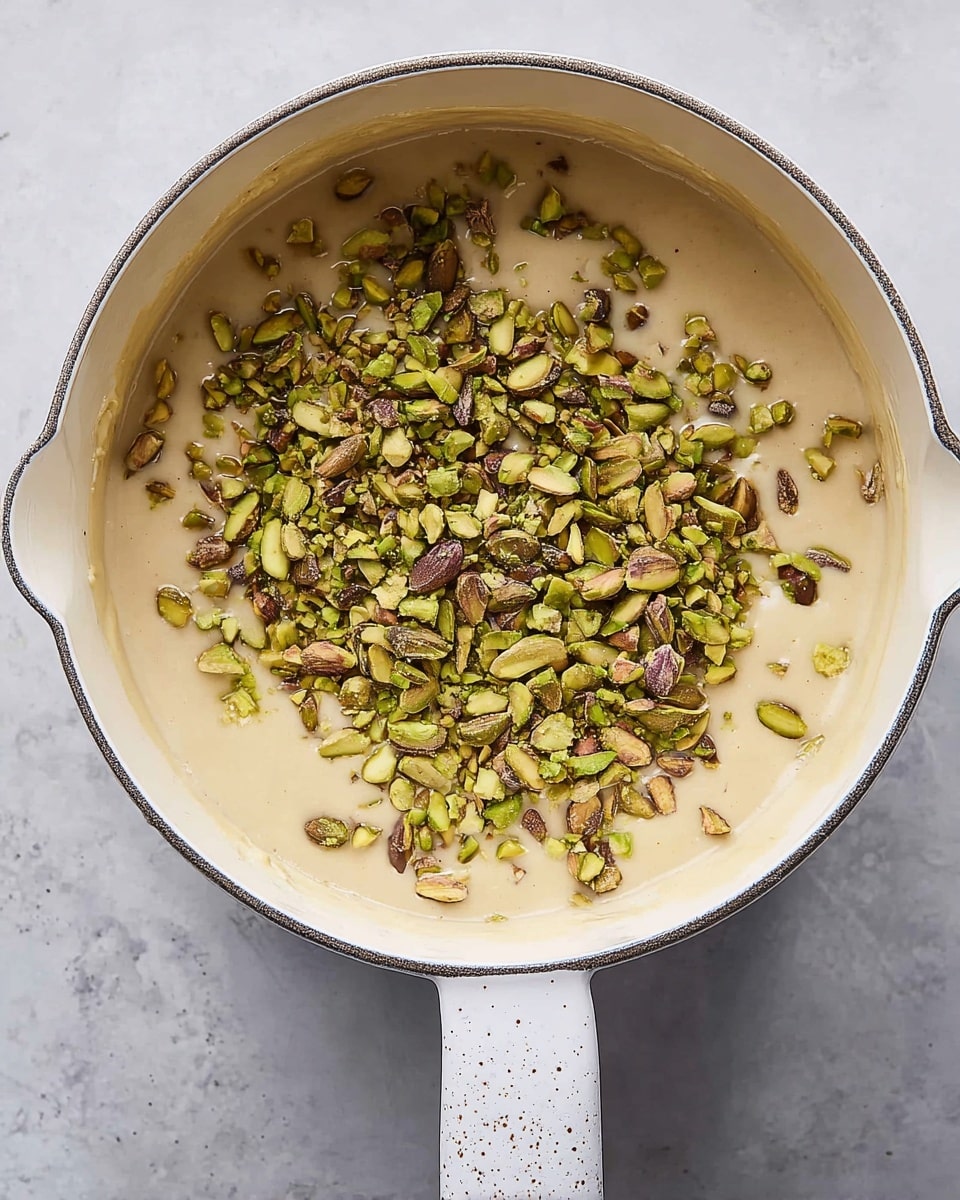 A white pot with a smooth light brown batter inside fills most of the image, topped with a layer of coarsely chopped green pistachios scattered unevenly on the surface. The pot handle is visible at the bottom with a white marbled texture underneath. The batter shows small streaks around the inside edge of the pot, giving it a creamy, thick look. Photo taken with an iphone --ar 4:5 --v 7