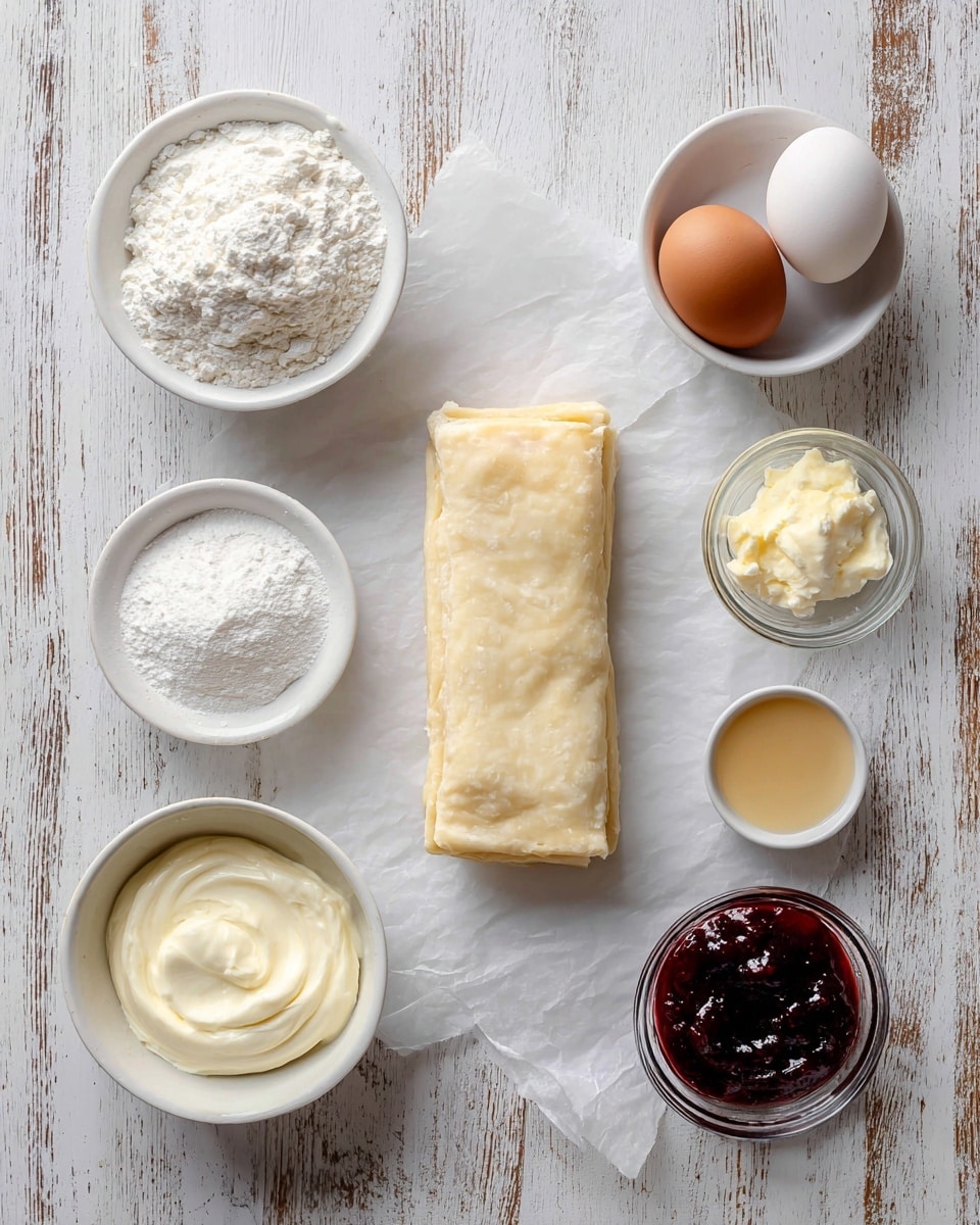 A flat, rectangular pastry puff with a light beige color is placed on white parchment paper in the center of the frame. Surrounding it are six small round white bowls and one clear bowl, each holding different ingredients: powdered sugar with a fluffy white texture, an egg with a smooth off-white shell, heavy cream with a pale yellow liquid consistency, a thick white cornstarch dollop, a dark red jam or preserves with a shiny, slightly chunky texture, and vanilla with a small amount of light brown liquid. The items are arranged on a white marbled surface with a rustic wooden pattern showing through. Photo taken with an iphone --ar 4:5 --v 7