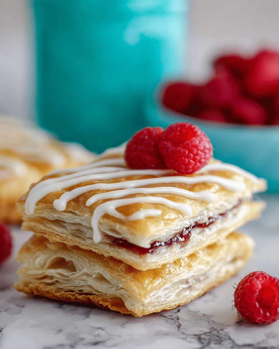 The image shows a close-up of a layered pastry with three visible puff pastry layers that are golden and flaky, each separated by a thin layer of dark red jam. On the top layer, there are wavy white icing lines and two red raspberries sitting on top. The pastry is placed on a white marbled surface with a blurred teal jar and more raspberries in the background. Photo taken with an iphone --ar 4:5 --v 7