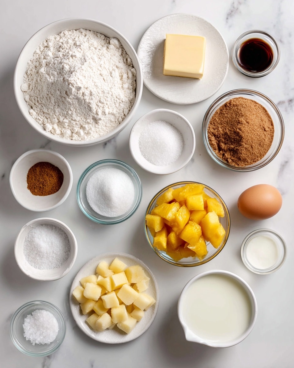 A flat layout of small white bowls and plates arranged on a white marbled surface, each holding different baking ingredients. There is a large bowl of white flour with a soft, powdery texture, a smaller bowl filled with light brown soft butter square on a white plate, a medium bowl of light brown sugar with a crumbly texture, and a glass bowl of bright yellow diced peaches. Other small bowls contain white granulated sugar, cinnamon powder with a rusty brown color, fine white powdered sugar, cornstarch in a small pile, white baking soda crystals, and a dark liquid vanilla extract. There is a raw white egg next to the bowls along with a glass bowl of pale melted butter and a very small bowl of milk. A white dish holds fine salt granules. Each ingredient is clearly separated and labeled on the white marbled surface. photo taken with an iphone --ar 4:5 --v 7